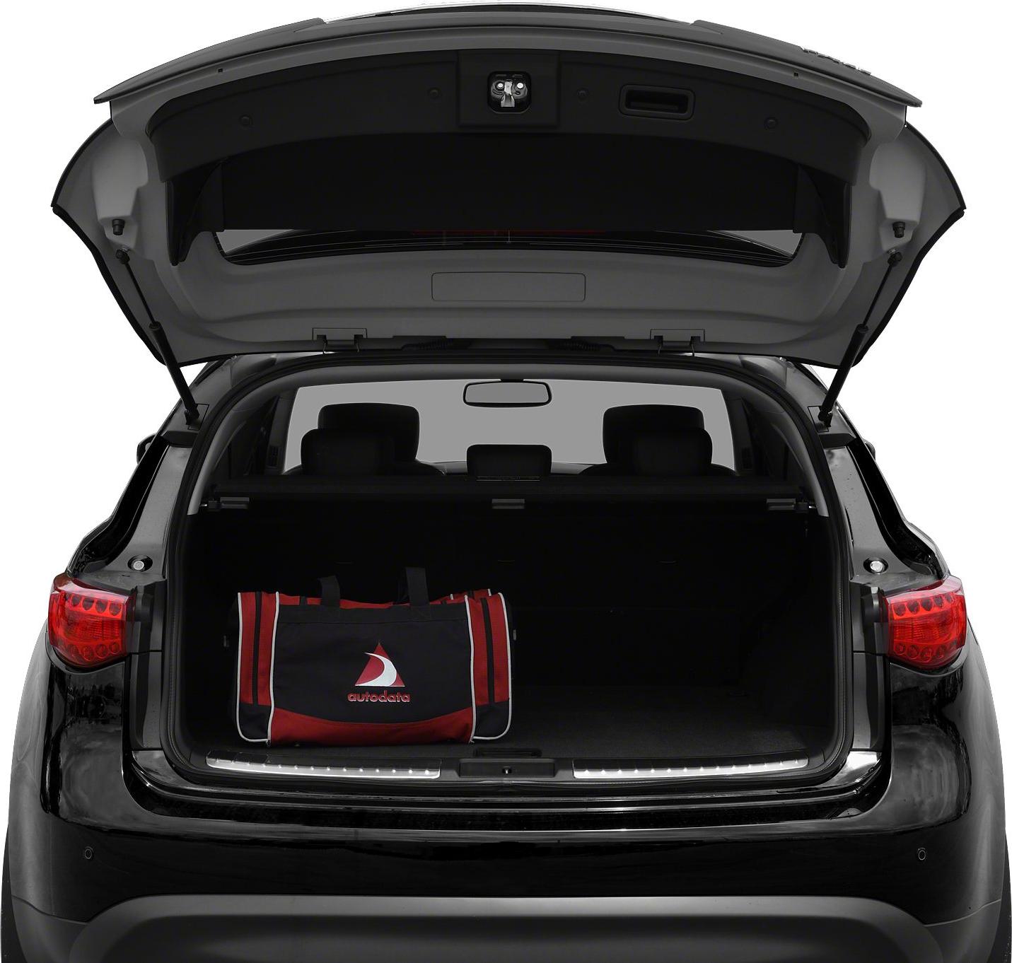 Open rear trunk with a red and black duffel bag inside.