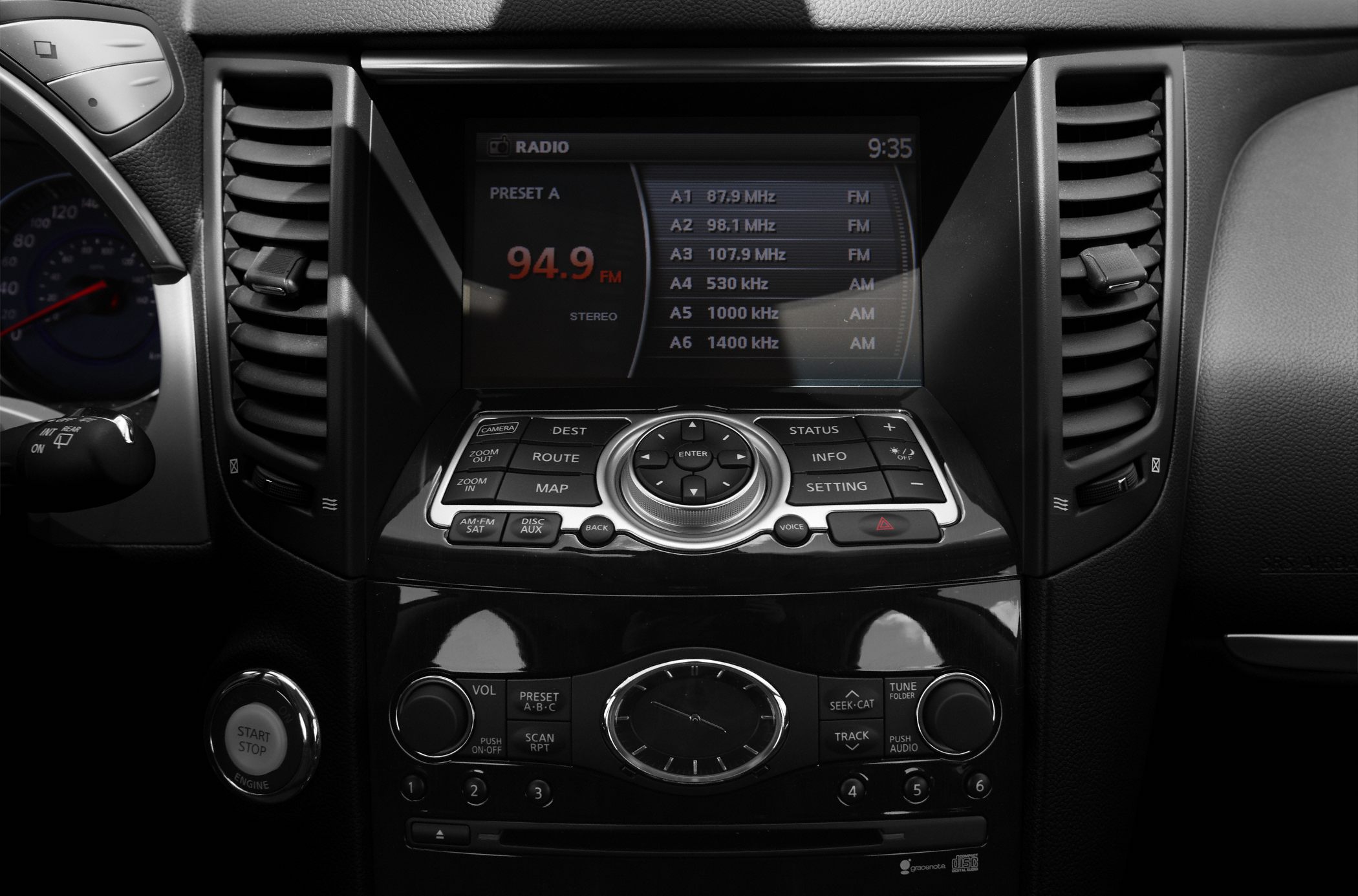 Central dashboard navigation display and control panel with start/stop button