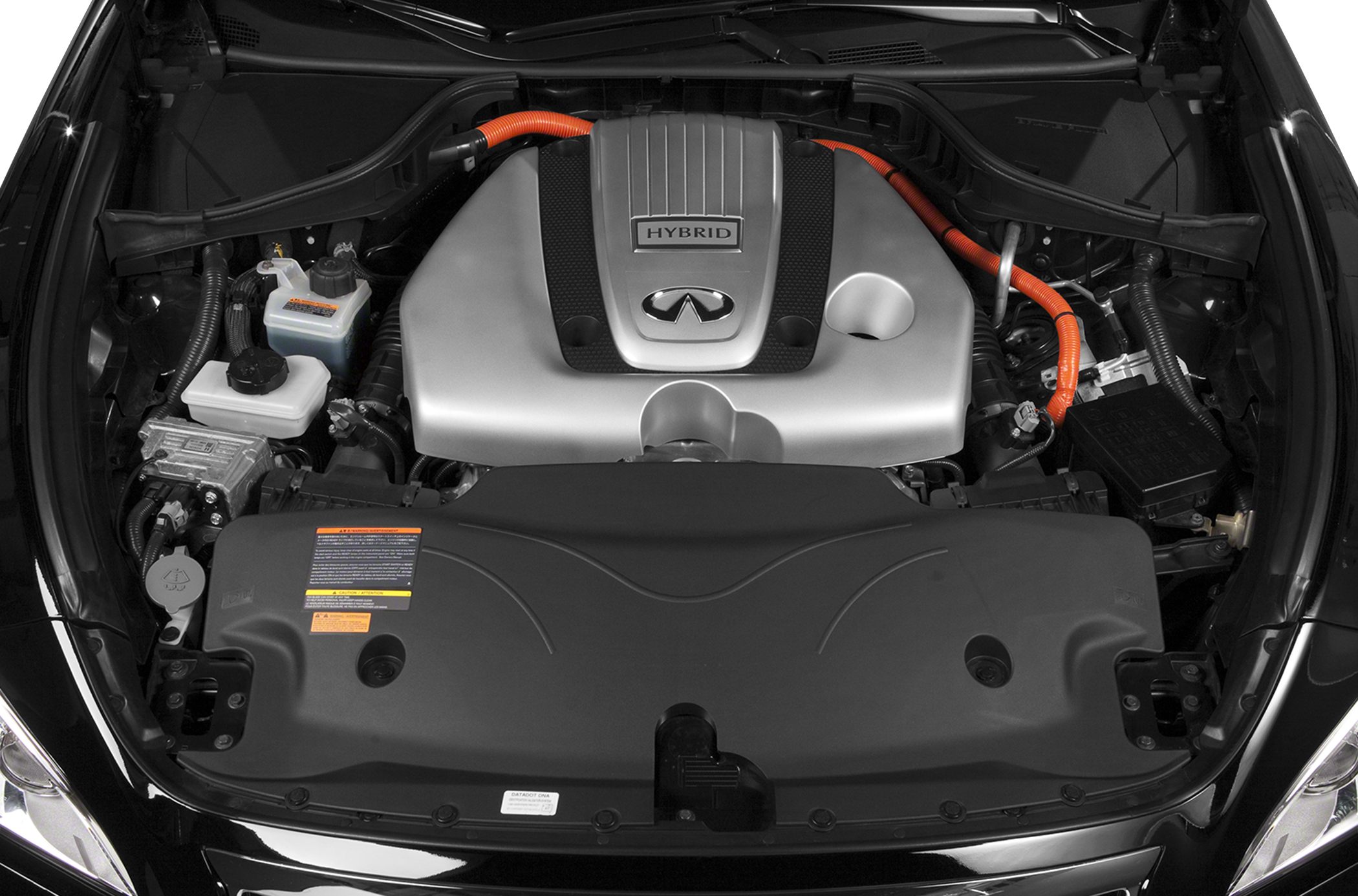 Hybrid engine with Infiniti emblem and orange high-voltage cables