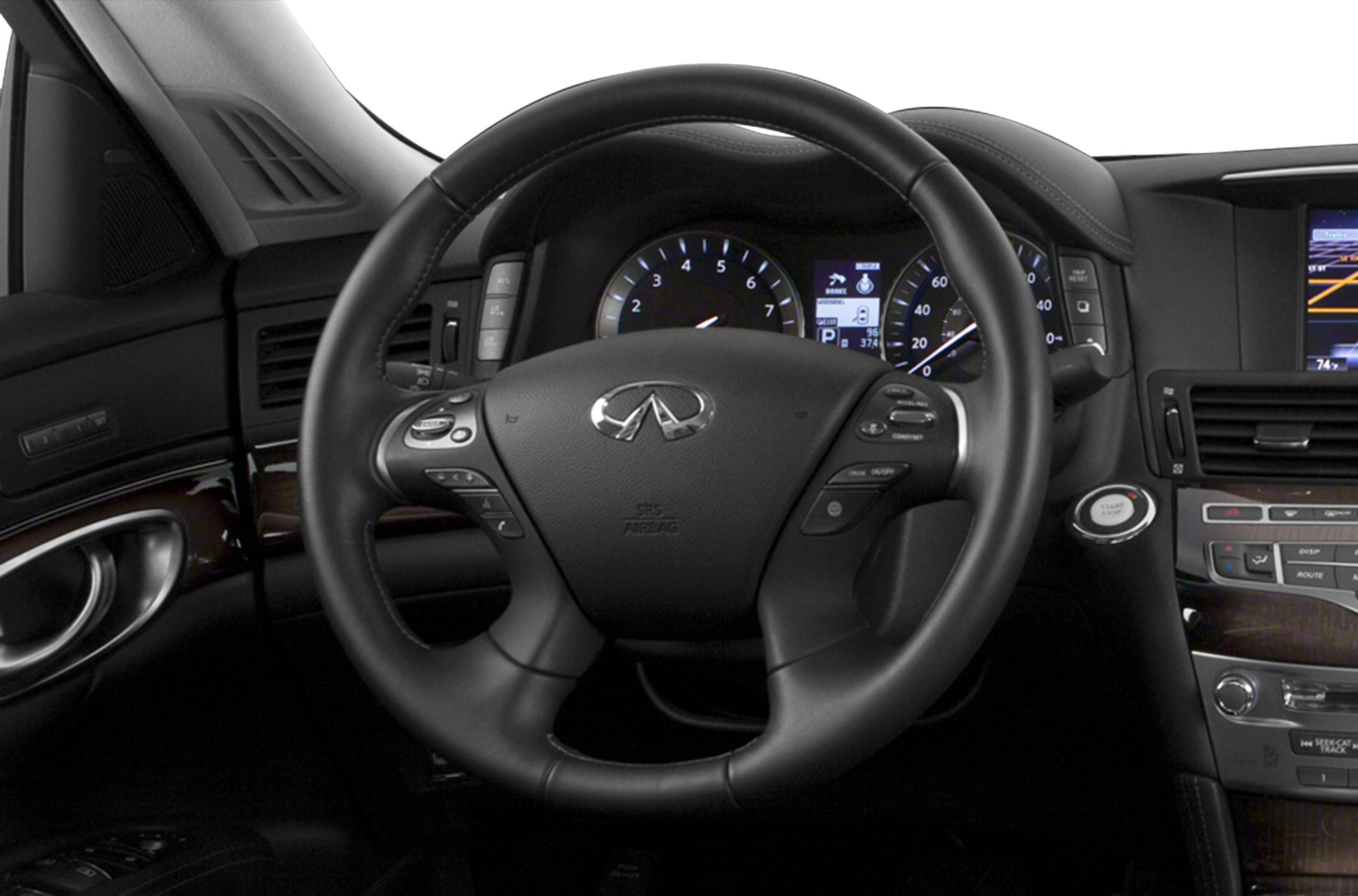 Leather steering wheel with instrument cluster and dashboard controls