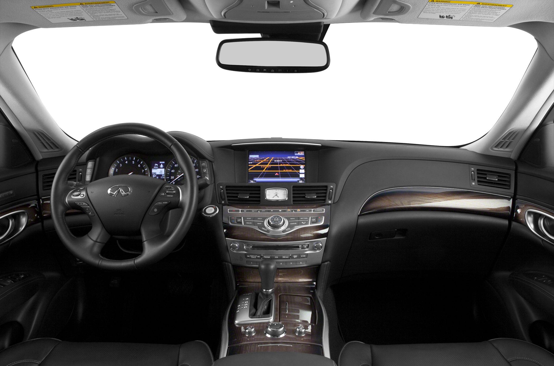 Luxury car interior with navigation screen and wood trim dashboard