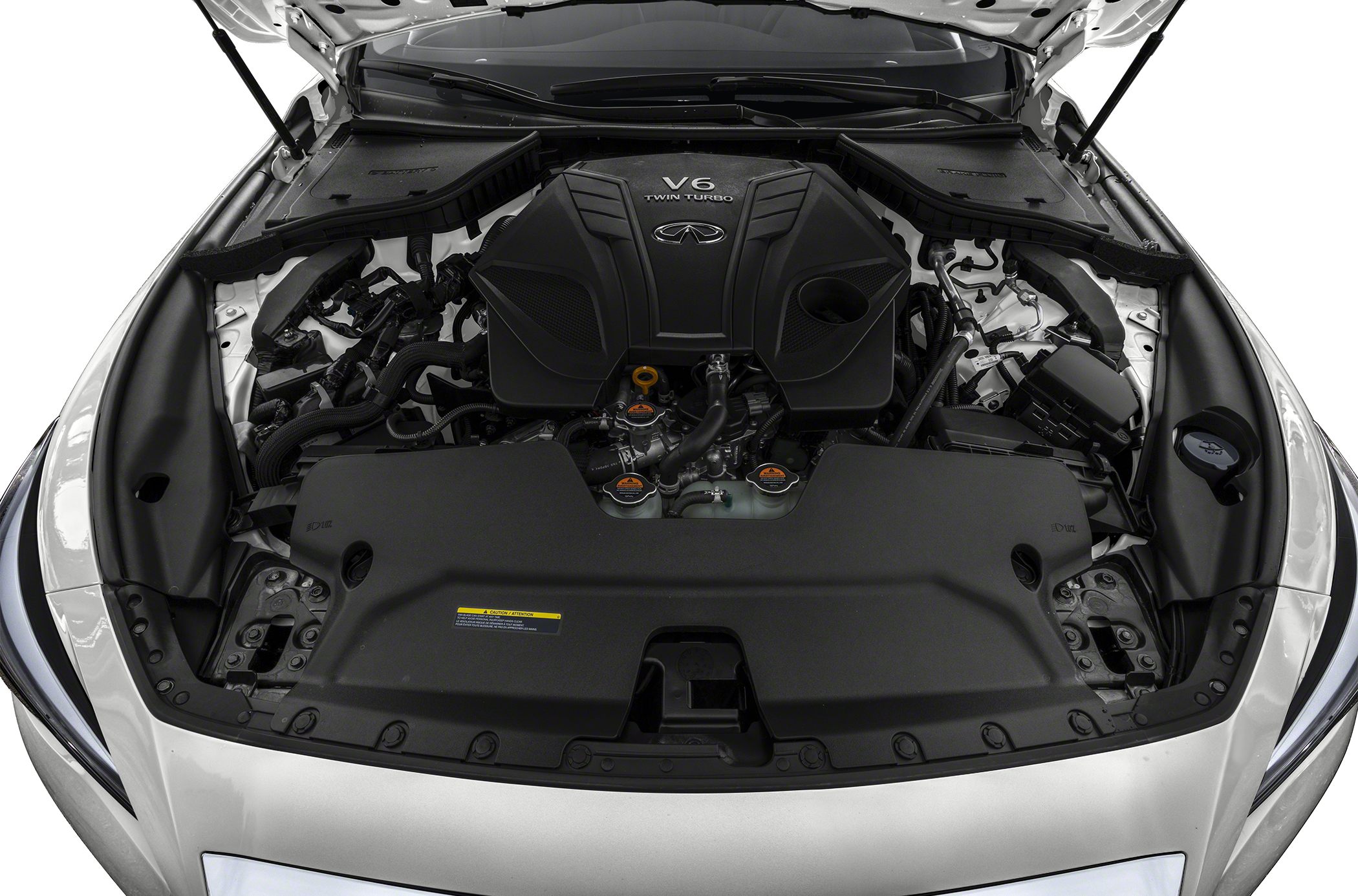V6 twin turbo engine bay with detailed components and engine cover