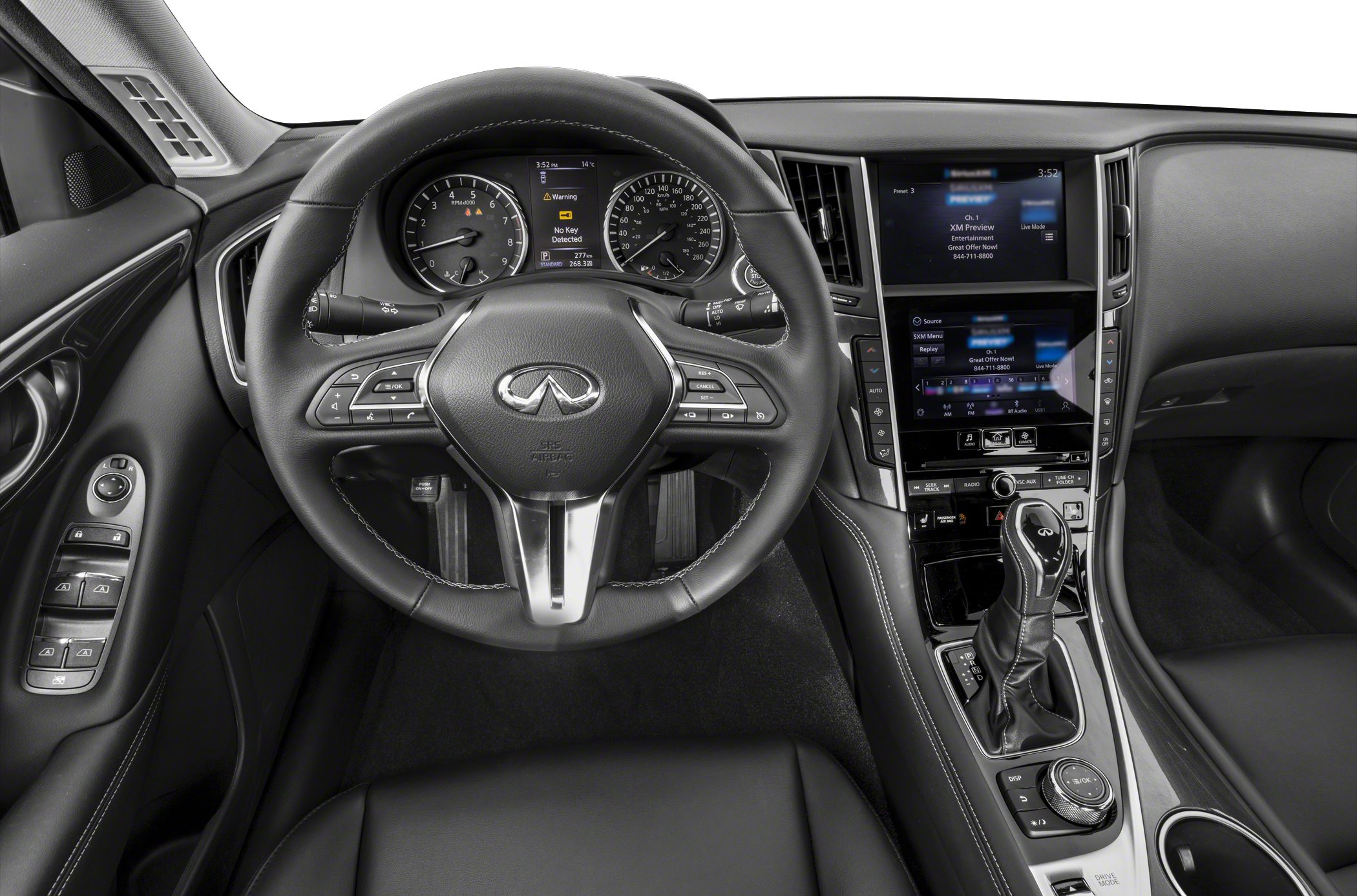 Dual touchscreen infotainment, leather-wrapped steering wheel with controls