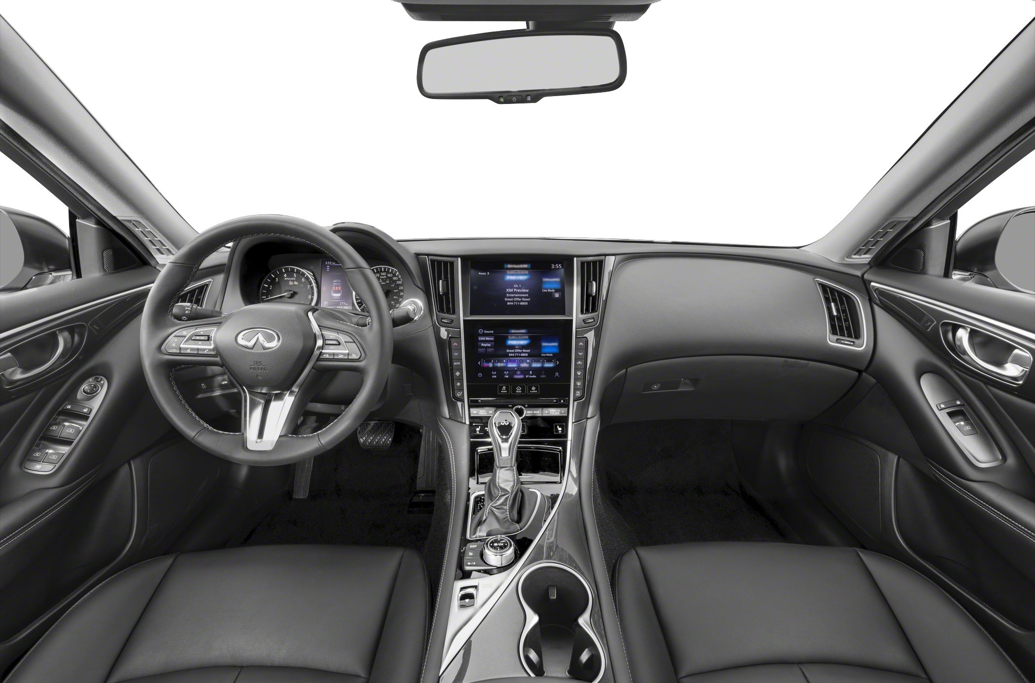 Dual touchscreen infotainment system with modern dashboard and steering wheel.