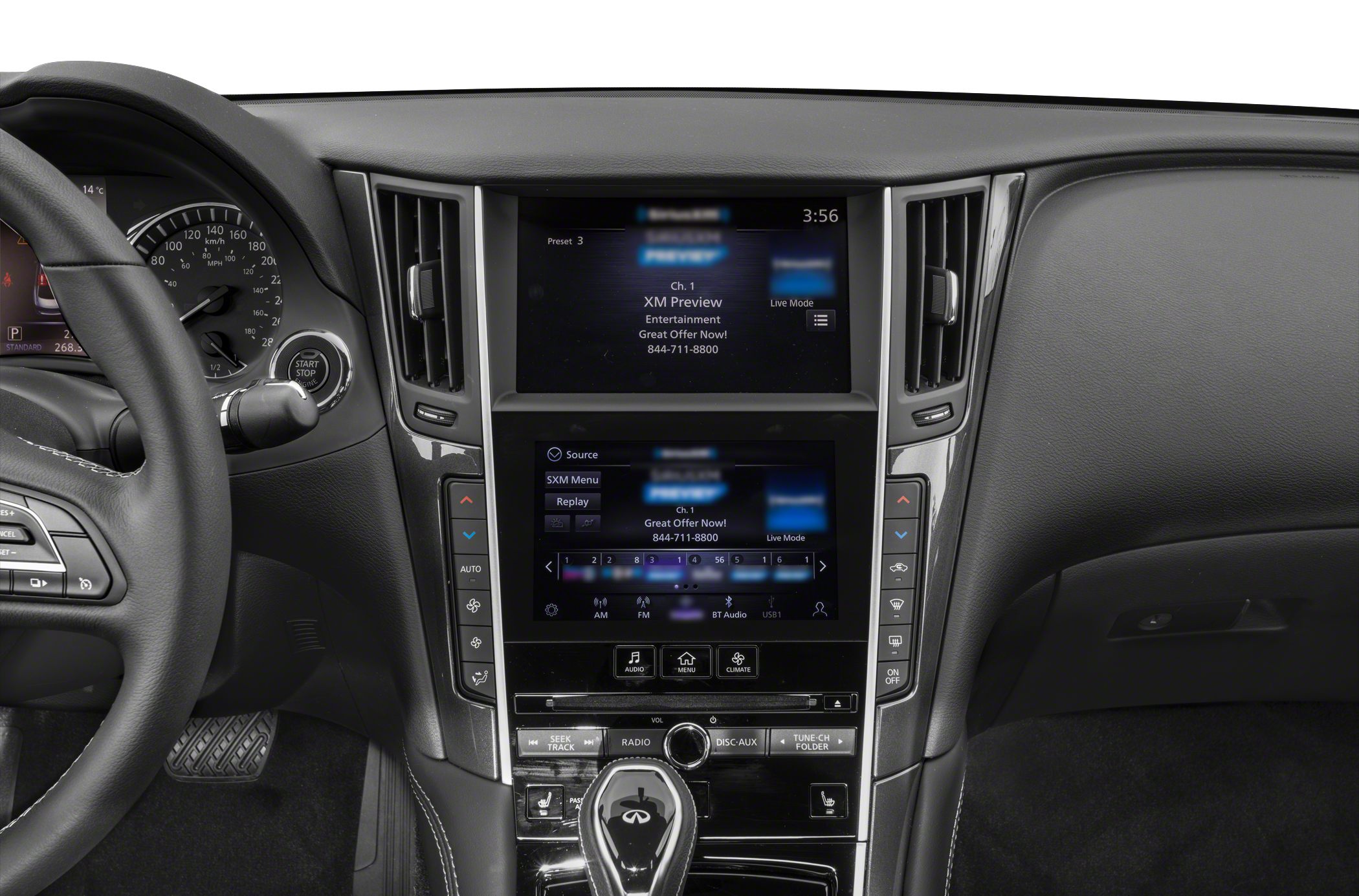 Dual touchscreen infotainment and climate control panel with start/stop button
