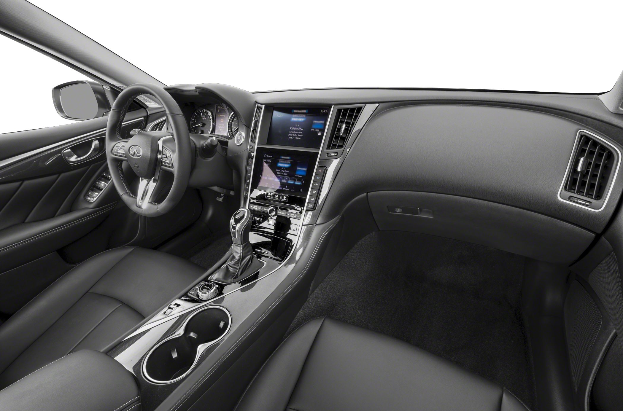Dual touchscreen infotainment and leather steering wheel interior