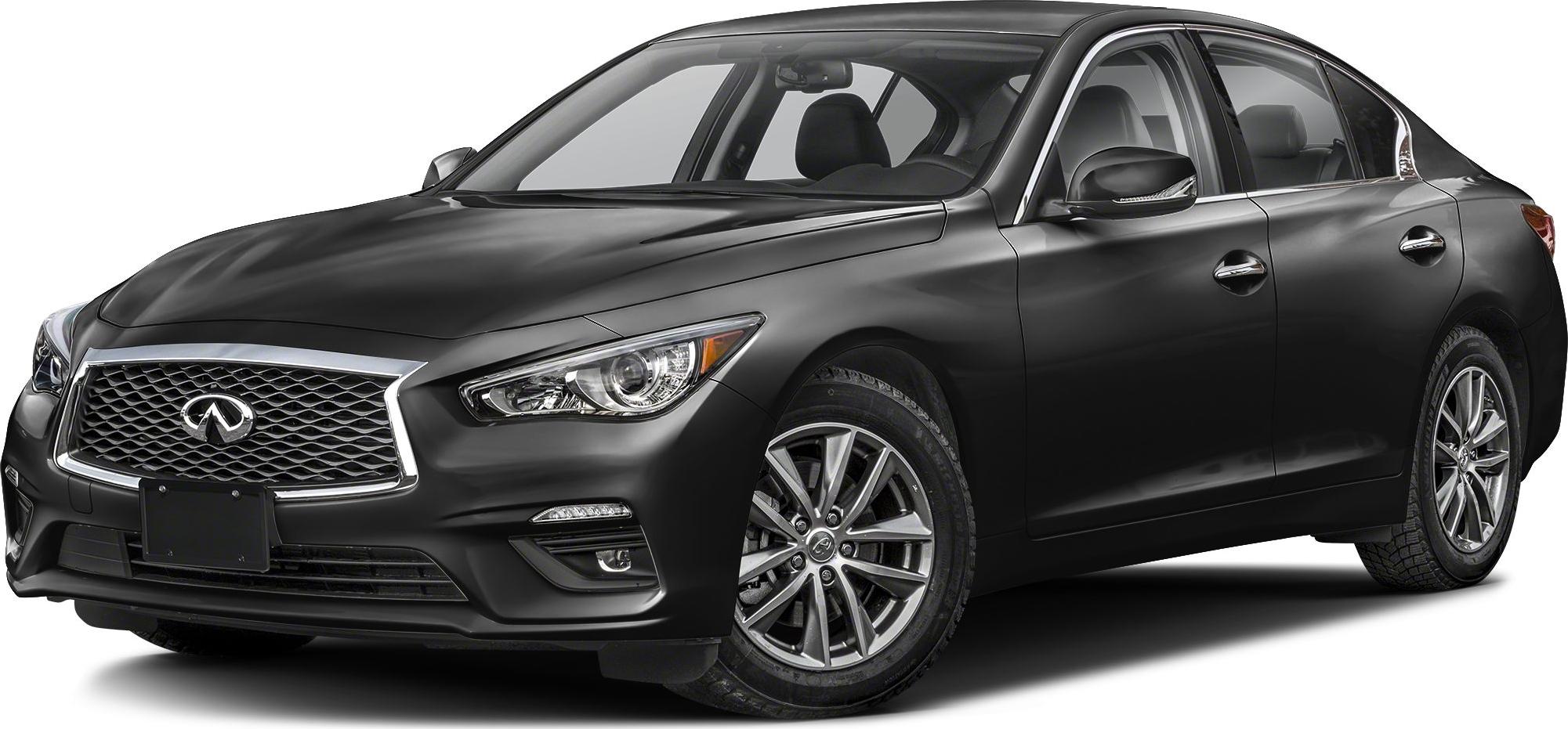 Front-side view of sedan with chrome grille and sharp headlights