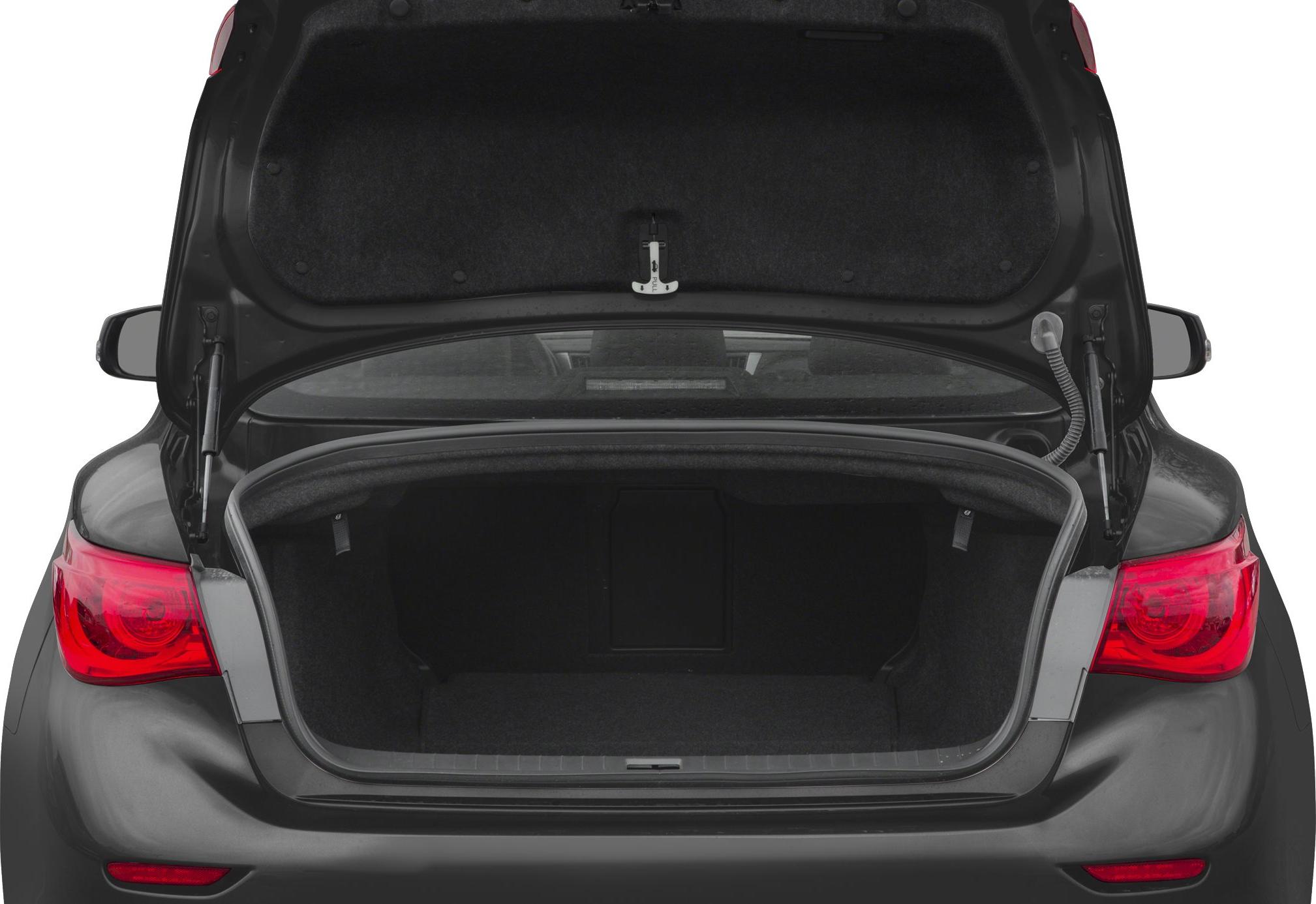 Open spacious trunk of a modern sedan with visible hinge supports