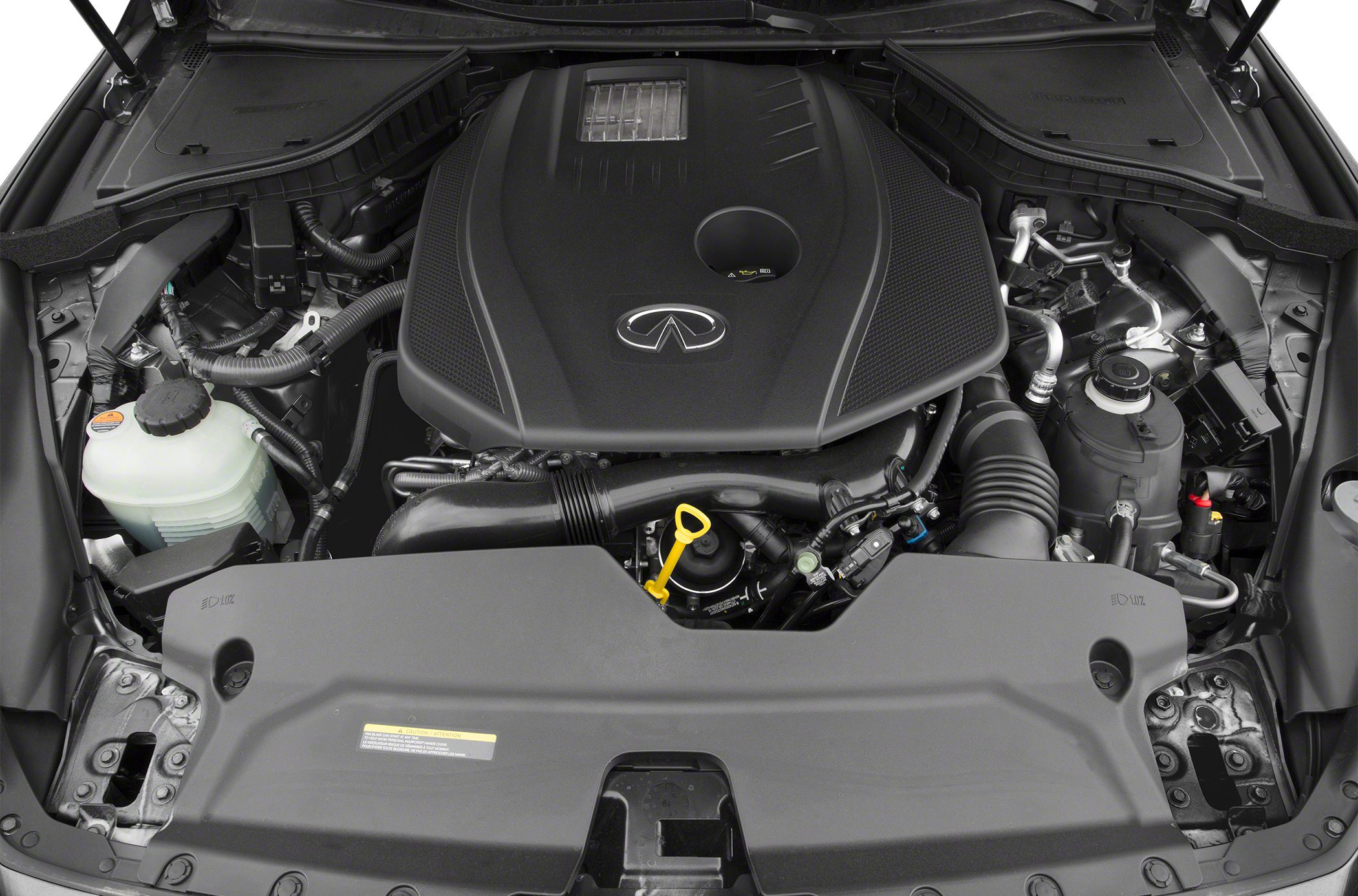 Engine bay with large engine cover and fluid reservoirs