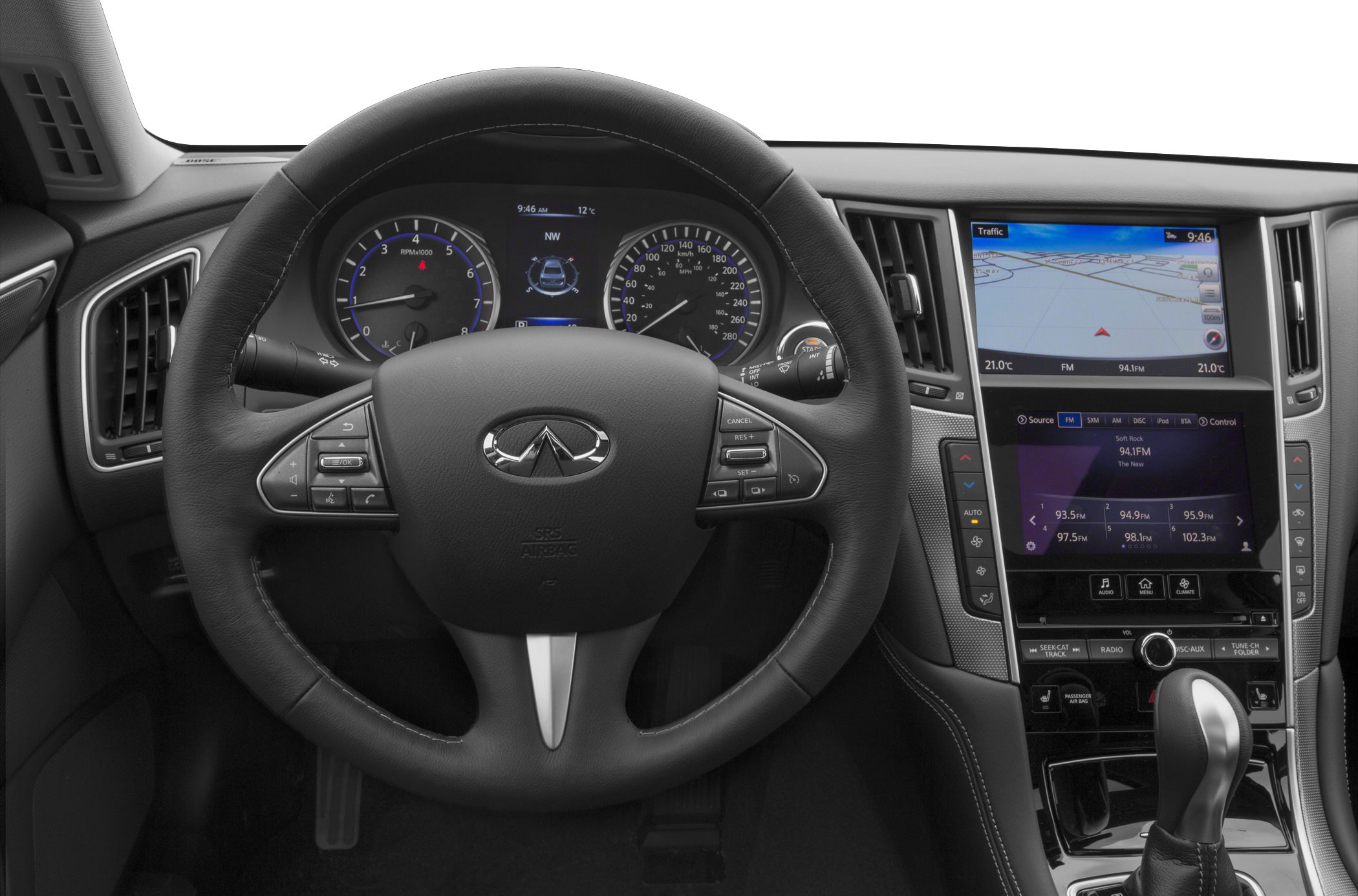 Multifunction steering wheel and dual-screen navigation and media display