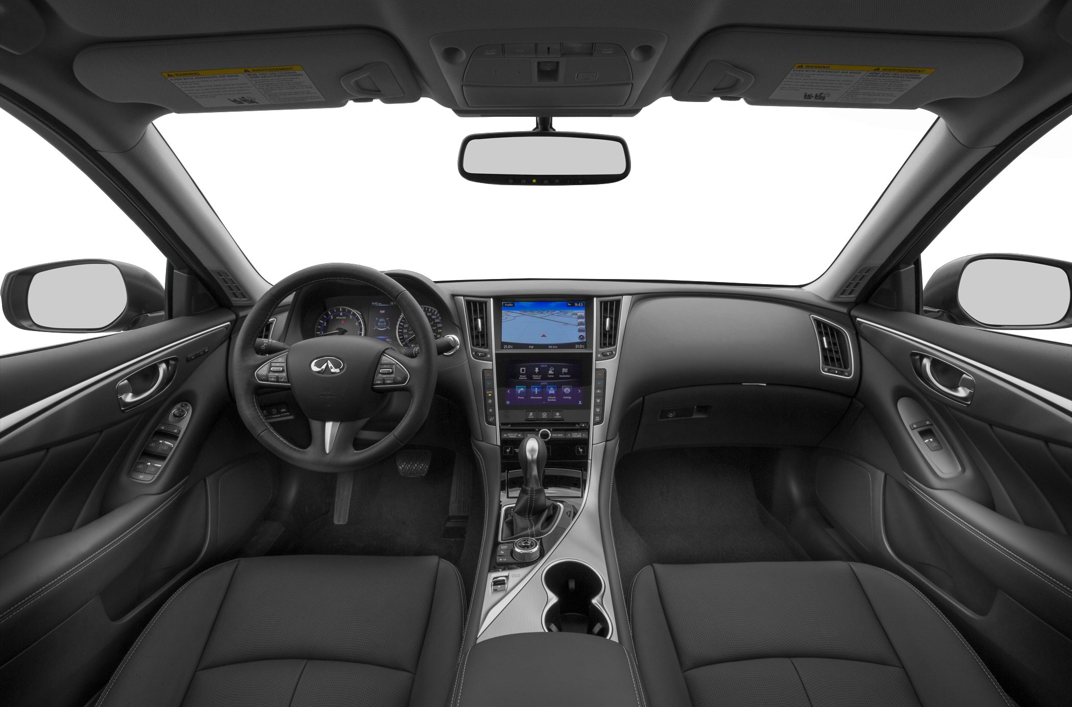 Modern car interior with dual touchscreen and multifunction steering wheel