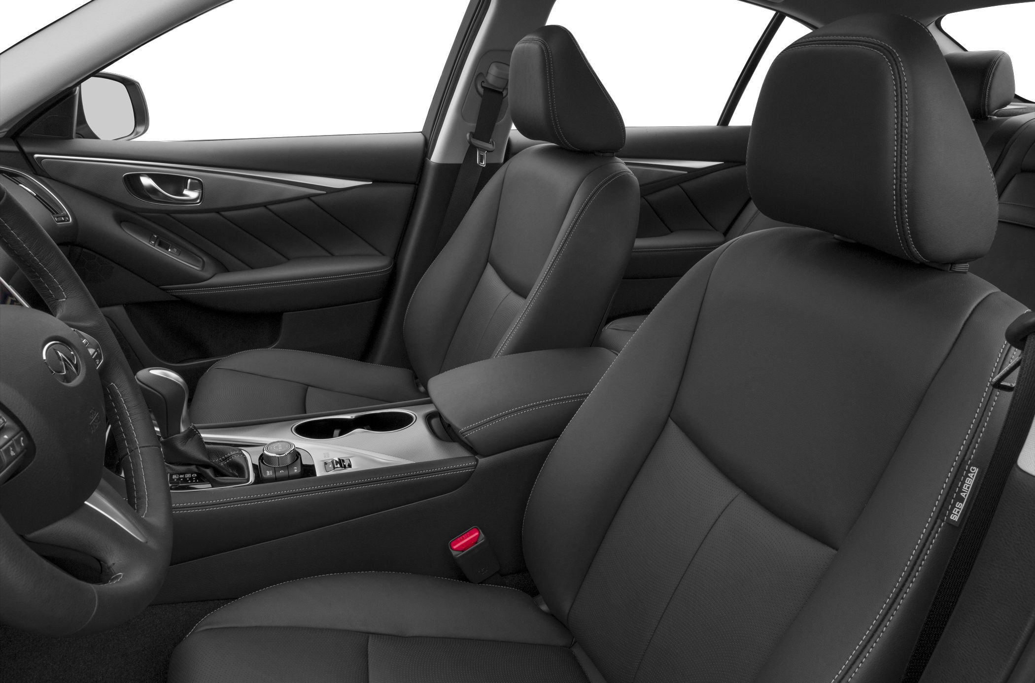 Black leather front seats with detailed stitching and modern center console