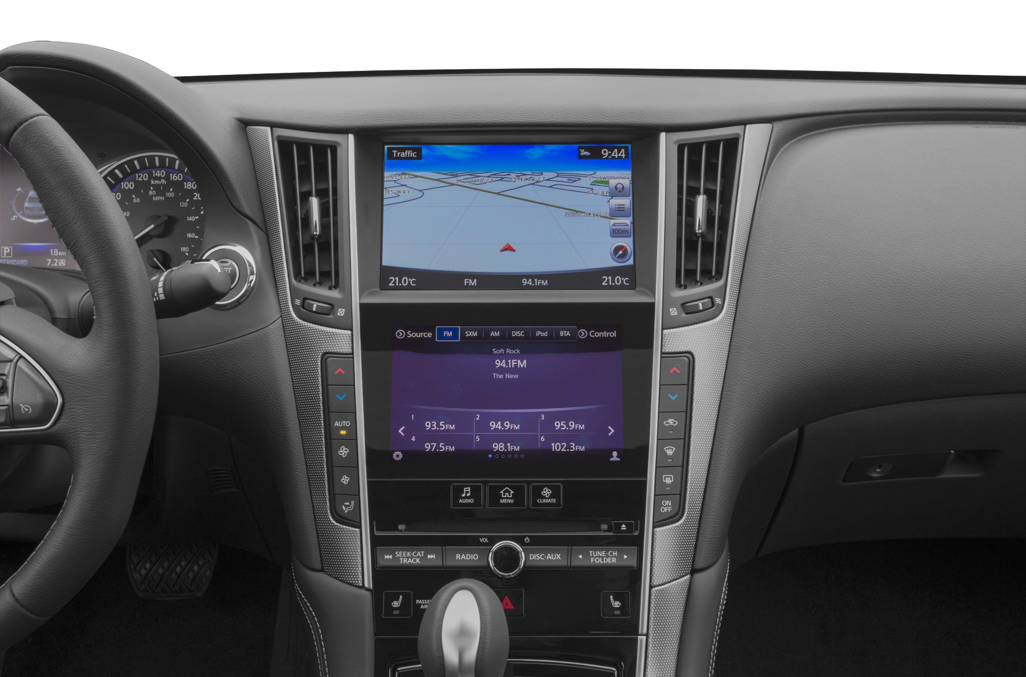 Dual touchscreen infotainment system with navigation and multimedia controls.