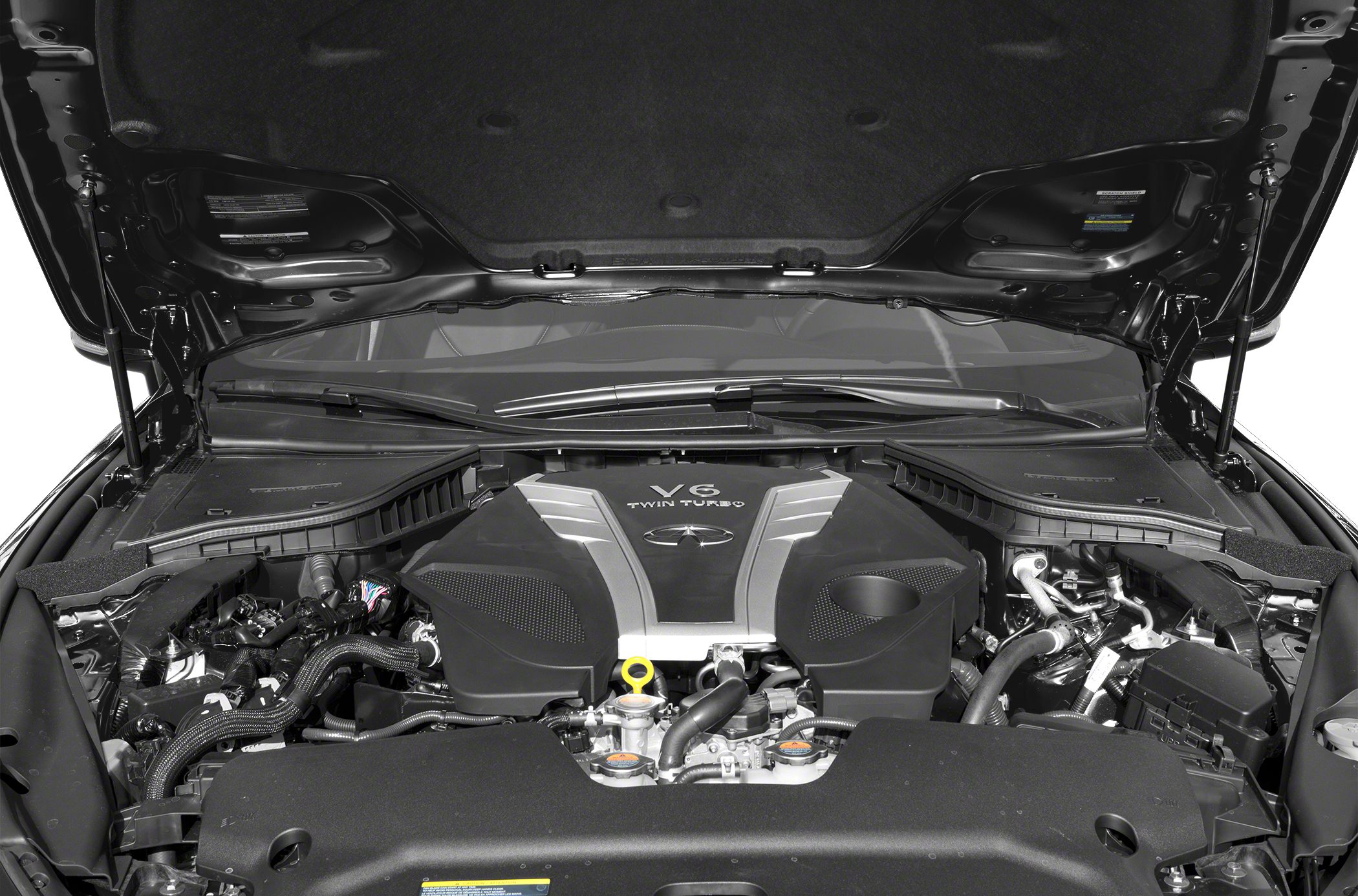 V6 twin turbo engine bay with modern components and design