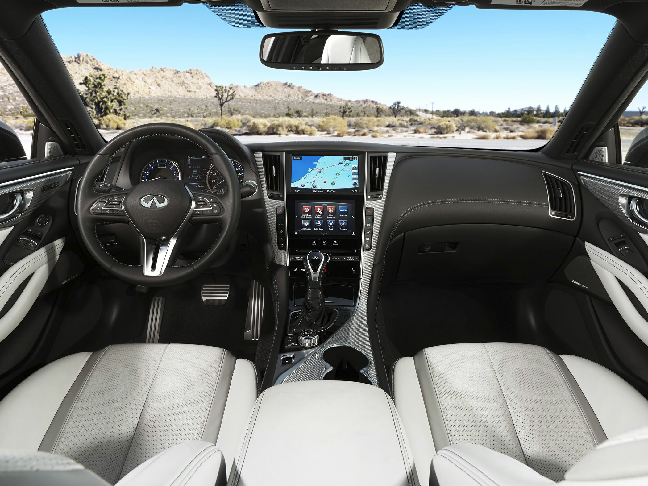 Luxury car interior with leather seats and touchscreen navigation system
