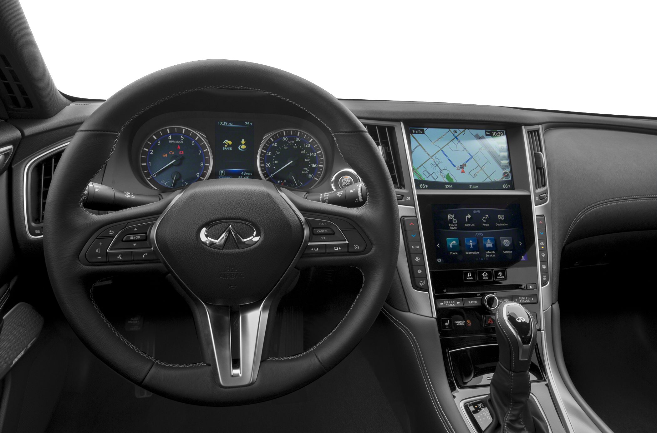 Leather steering wheel, digital dashboard, and infotainment system with navigation