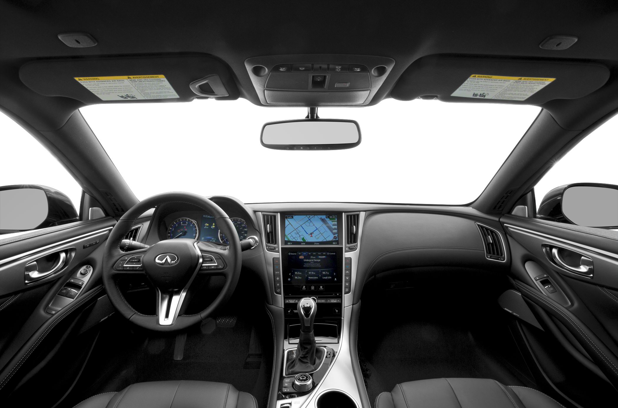 Car interior dashboard with steering wheel and dual infotainment displays