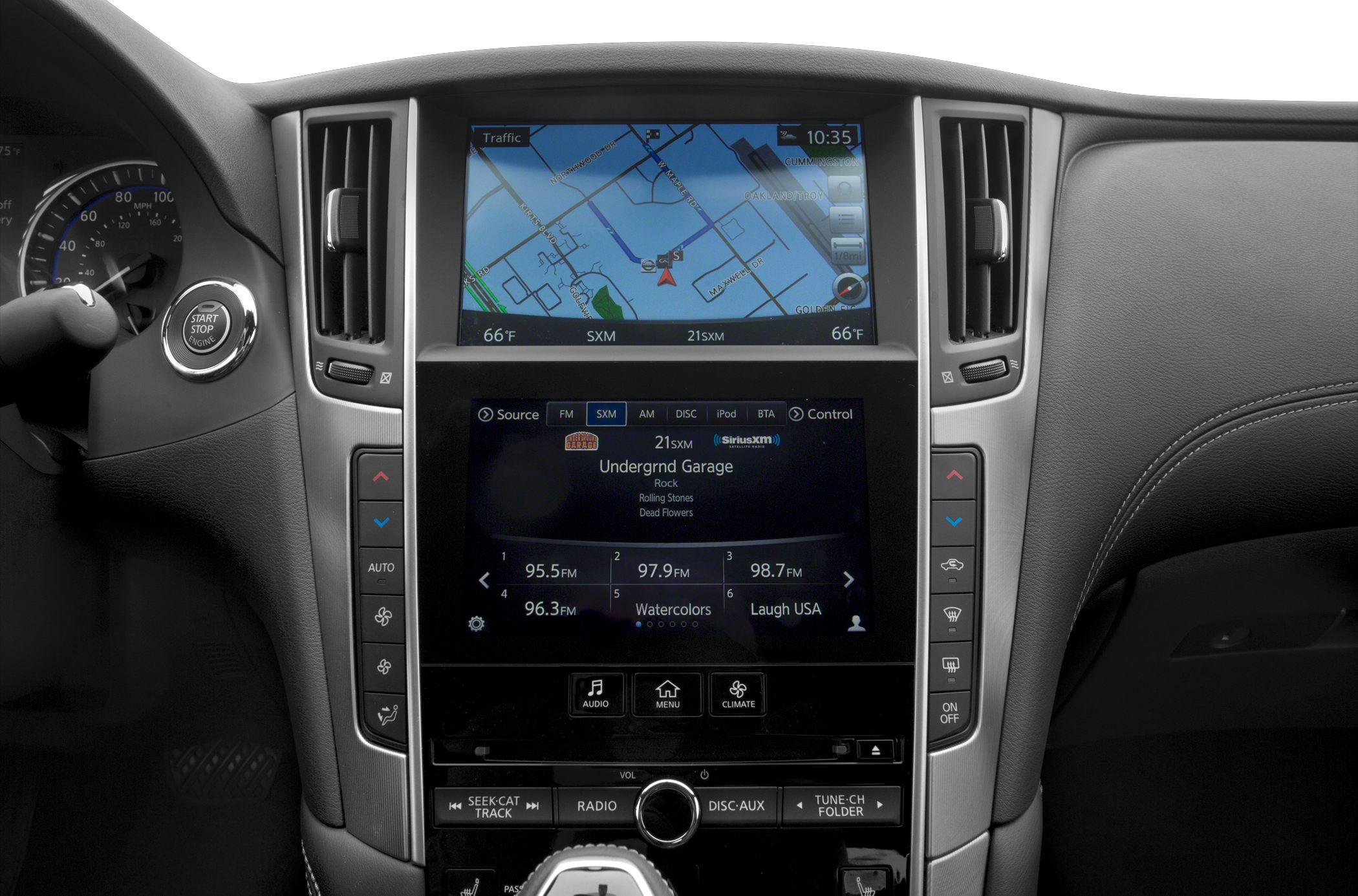 Dual touchscreen infotainment and navigation system in car interior