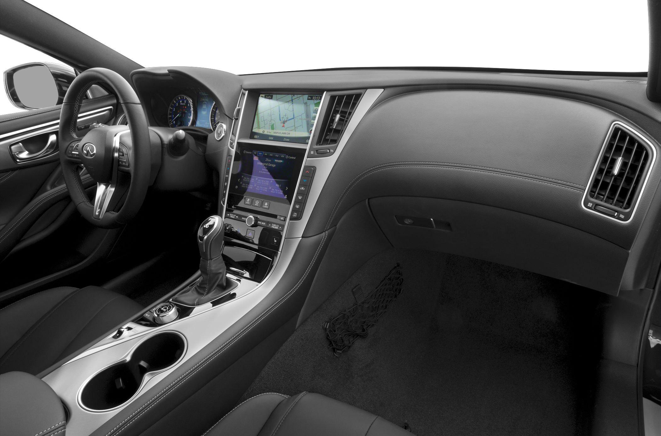 Luxury car interior with touchscreen infotainment and sleek dashboard