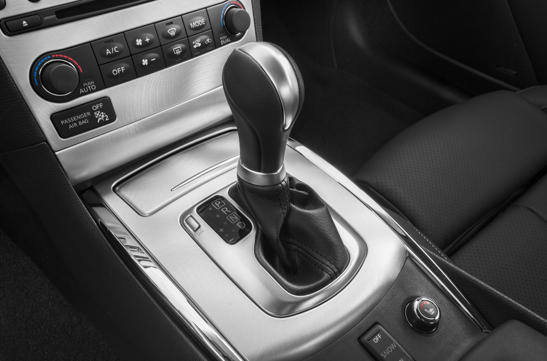 Gear shift lever and climate control panel in a car interior