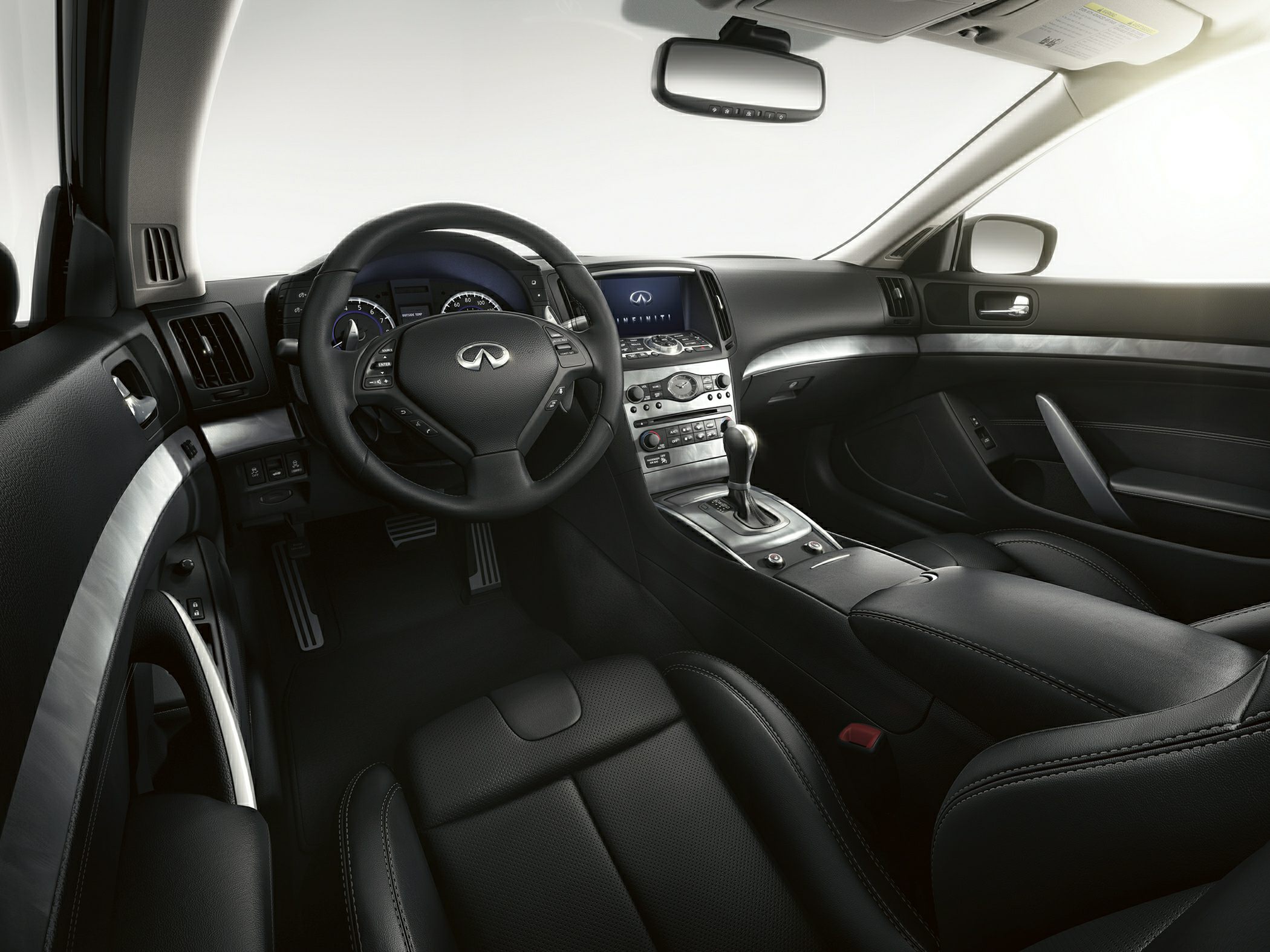 Steering wheel, dashboard and center console of a luxury coupe interior