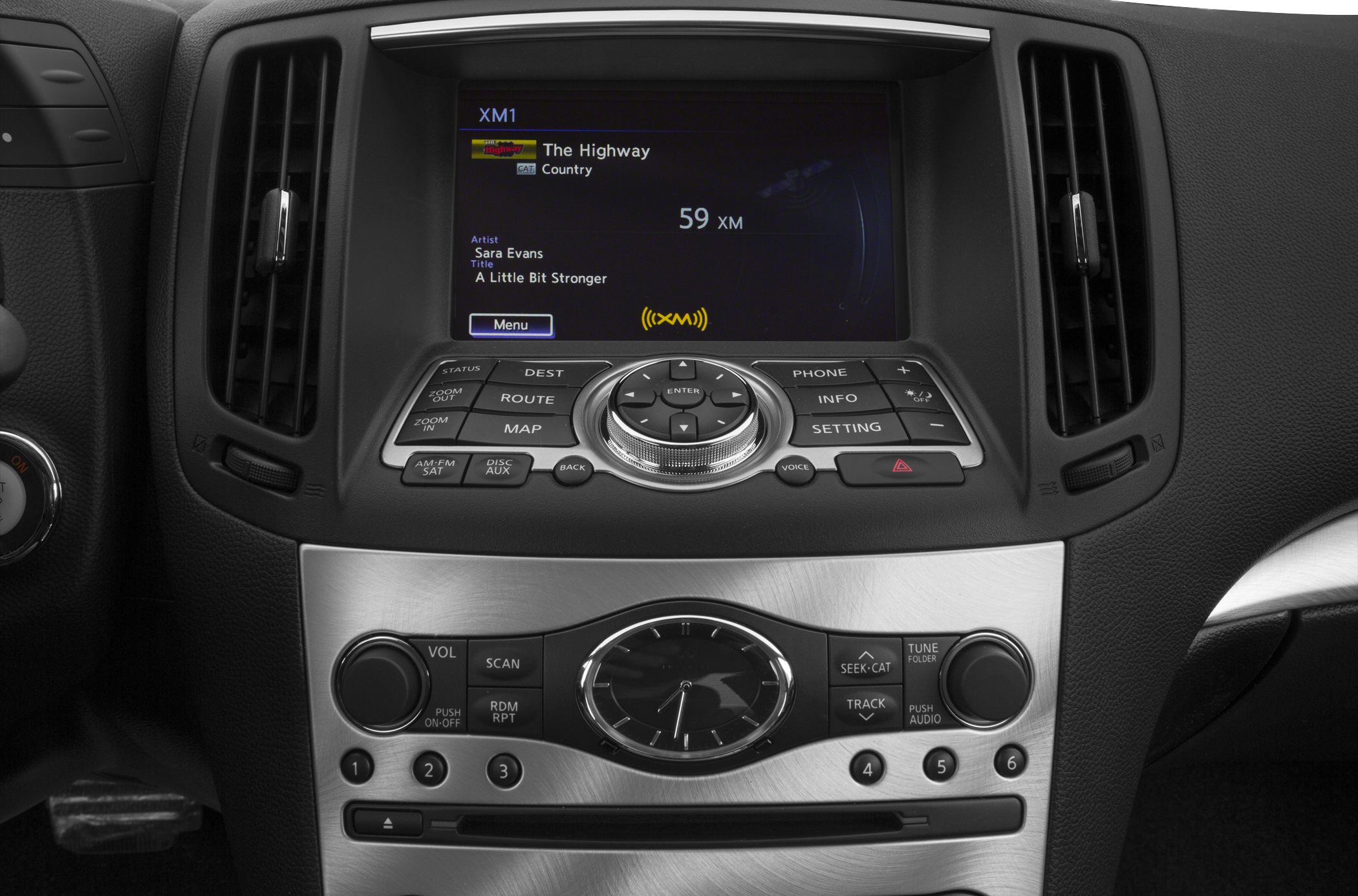 Infotainment screen with navigation controls and analog clock