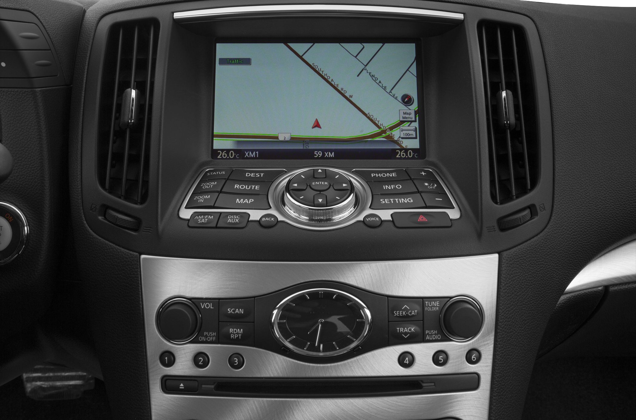 Car navigation screen with control buttons and analog clock