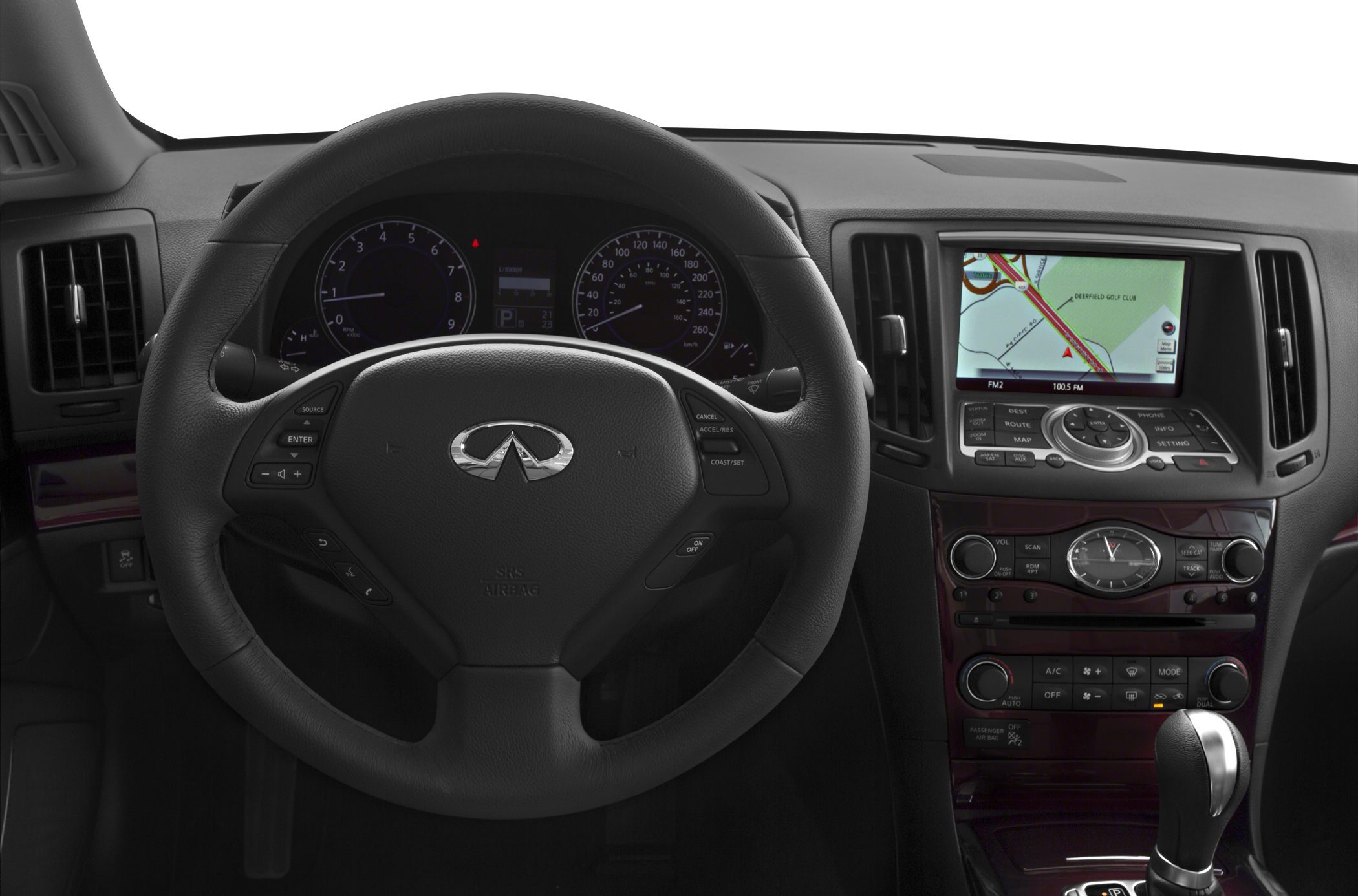 Steering wheel, dashboard, instrument cluster, and navigation display