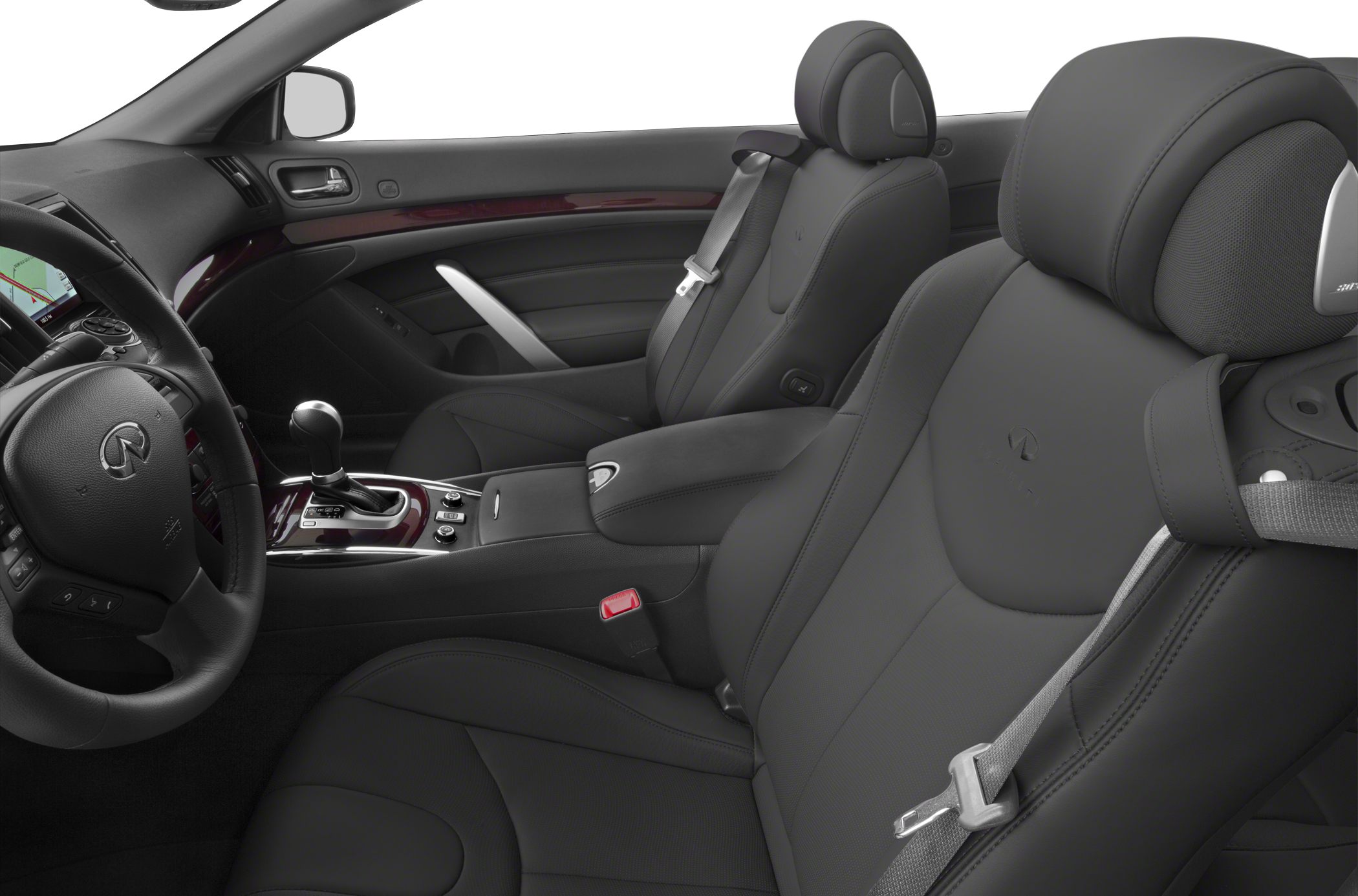 Luxury convertible interior with leather seats and wood trim