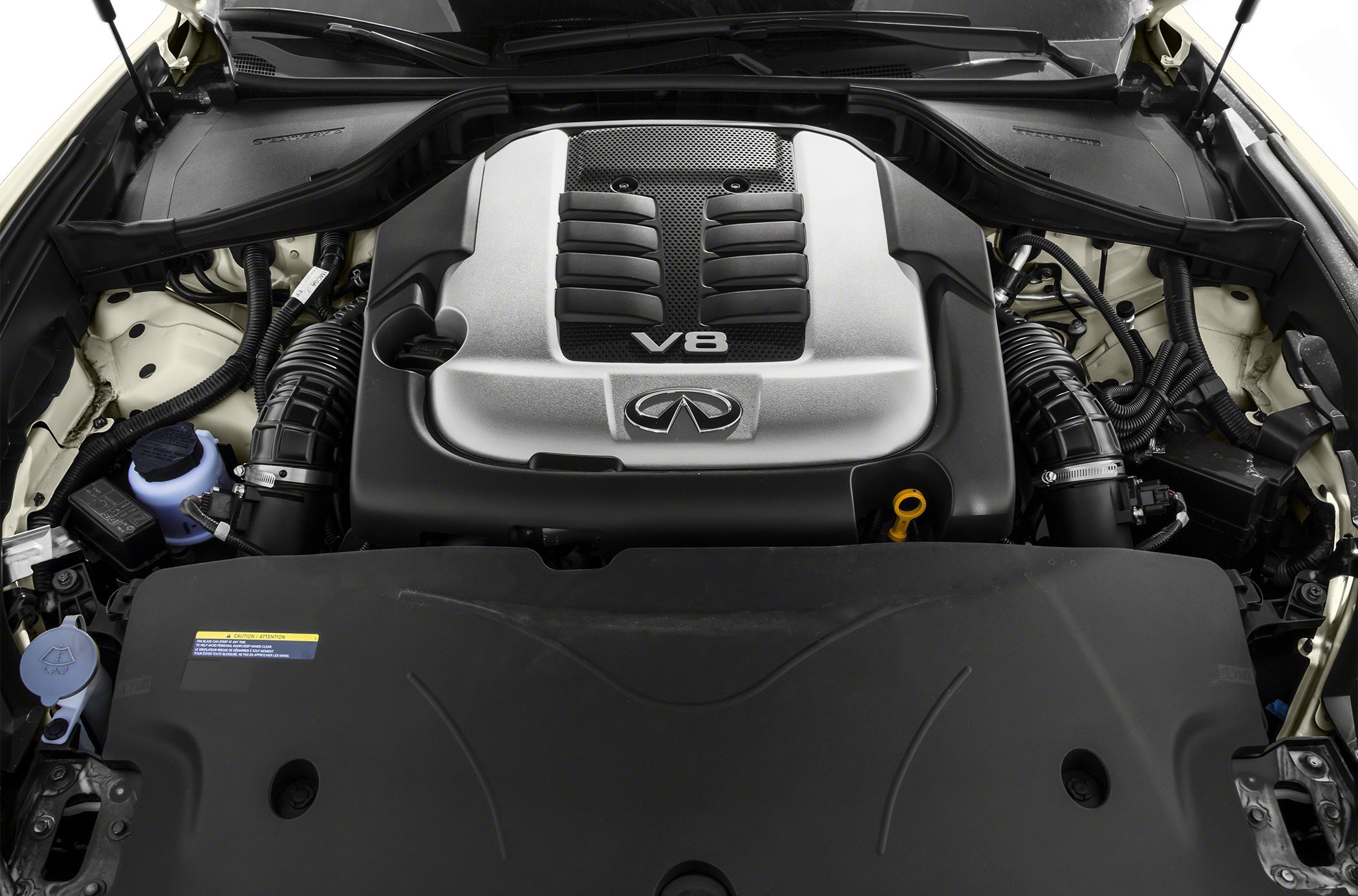 Close-up of a V8 engine with distinctive cover and mechanical elements