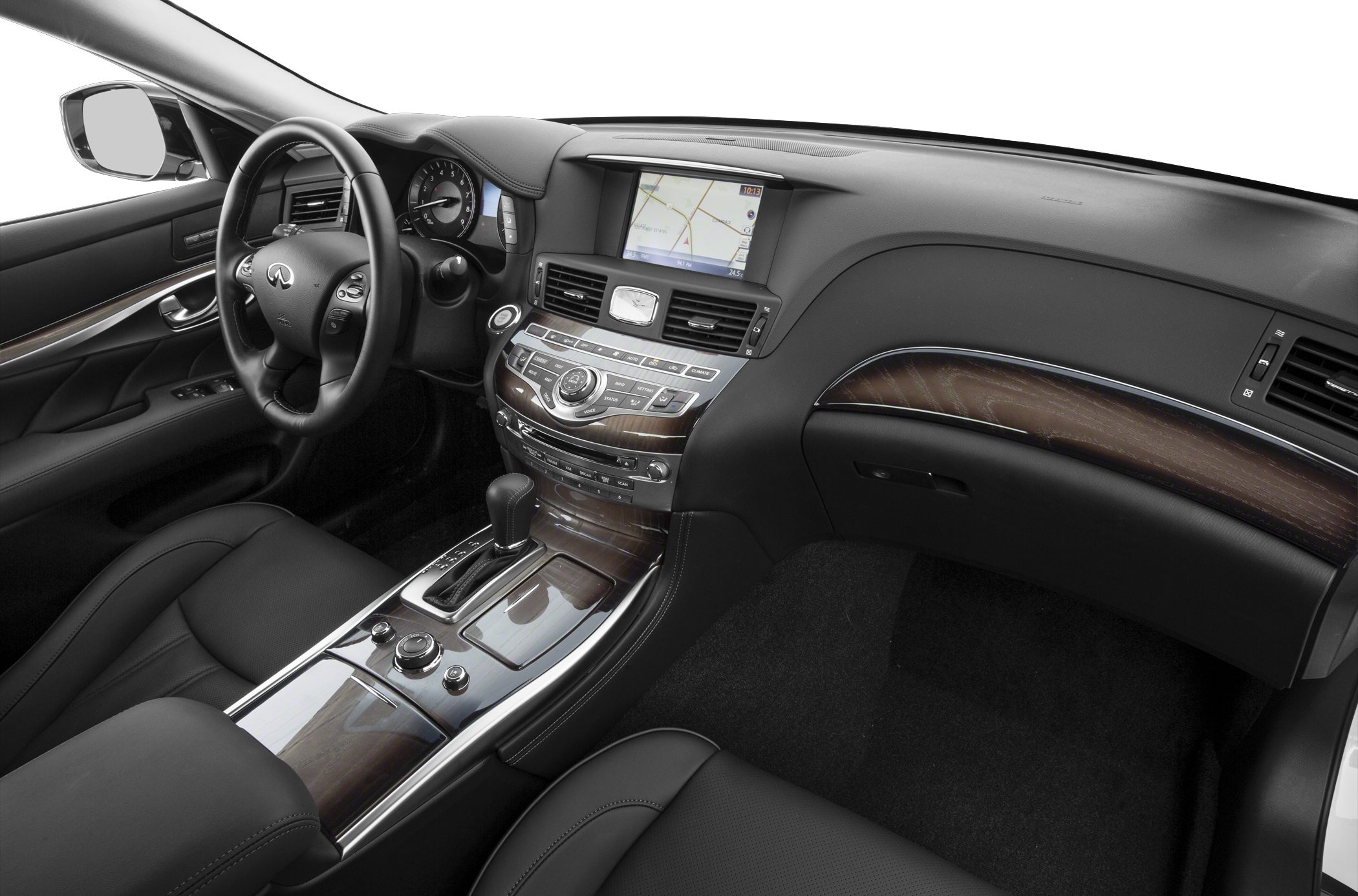 Luxury car interior with dashboard, steering wheel, and center console