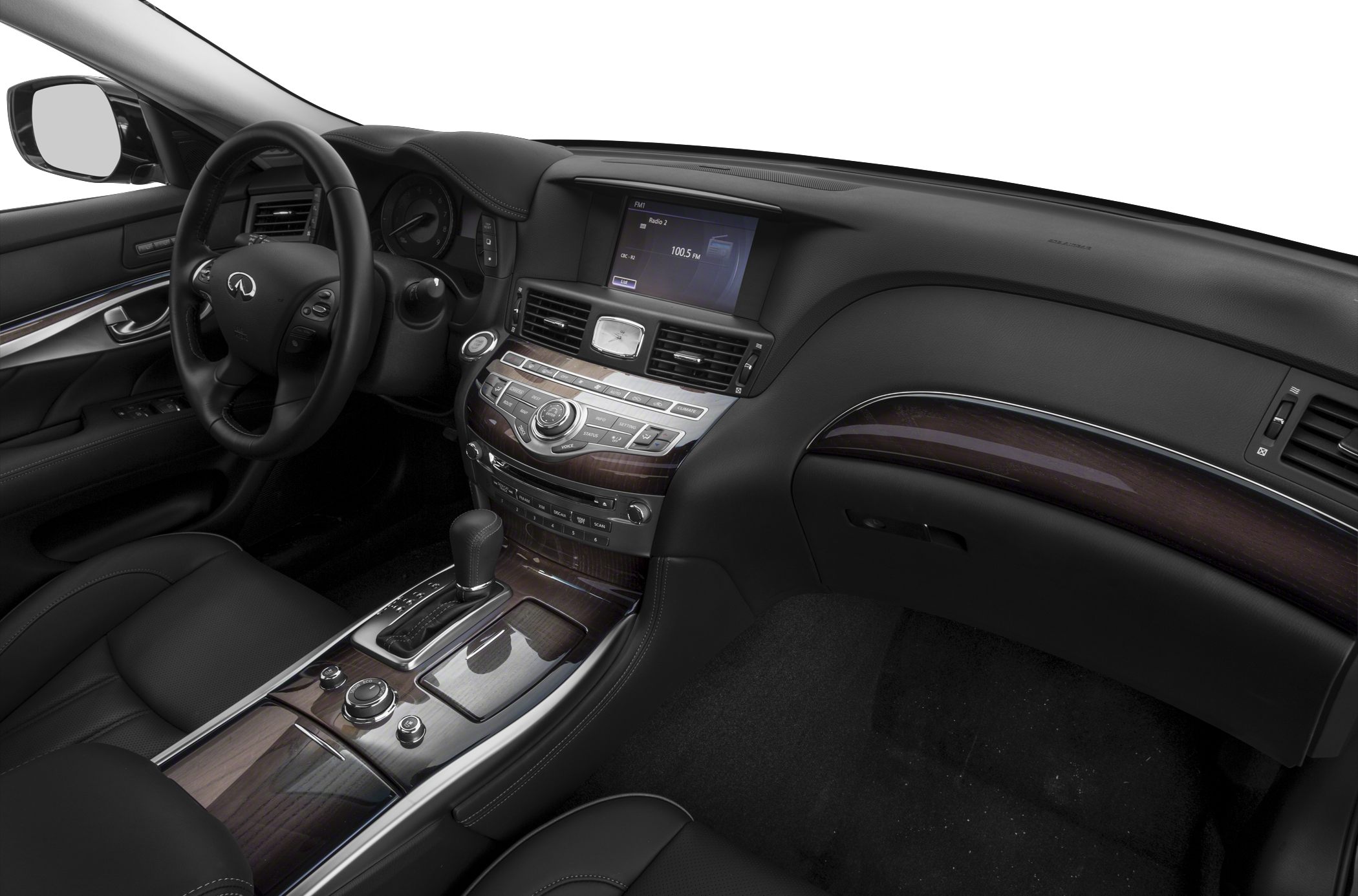 Luxury car interior with wood-trimmed dashboard and center console