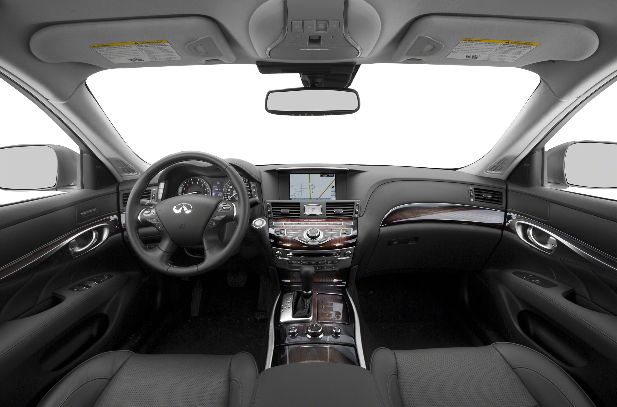 Leather steering wheel and wood-trimmed center console with infotainment system