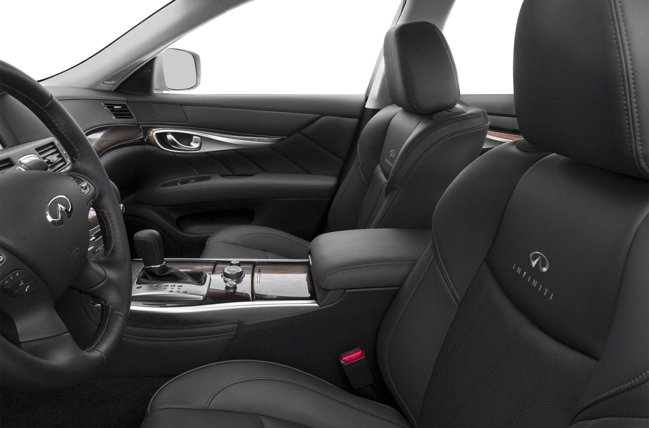 Luxury black leather seats and wood trim interior with Infiniti logo