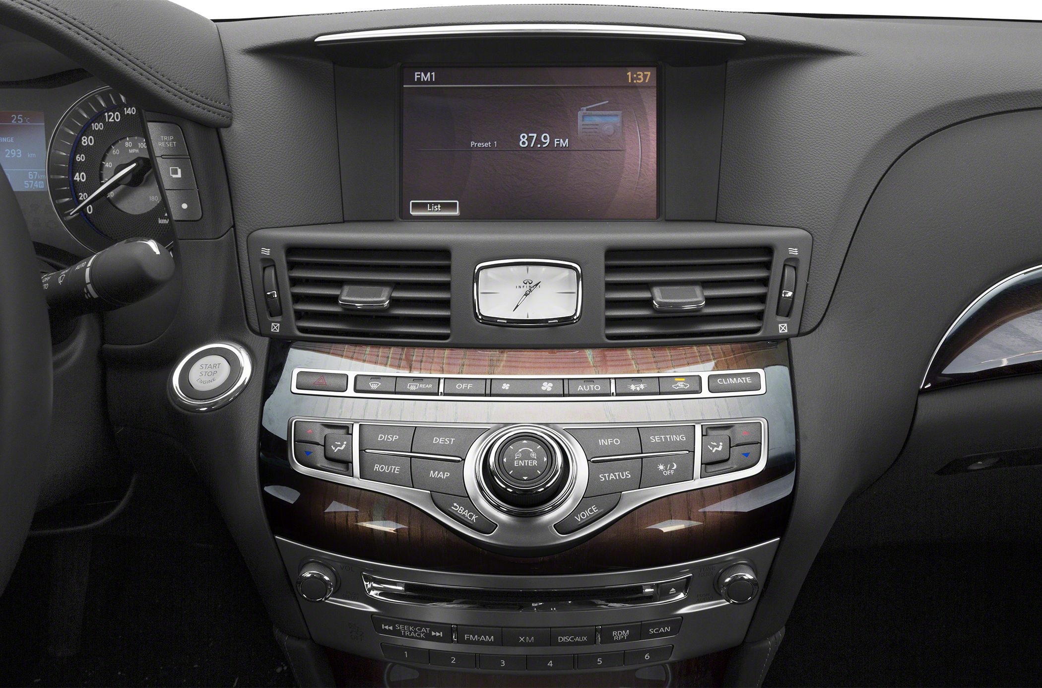 Dashboard console with analog clock and multimedia controls