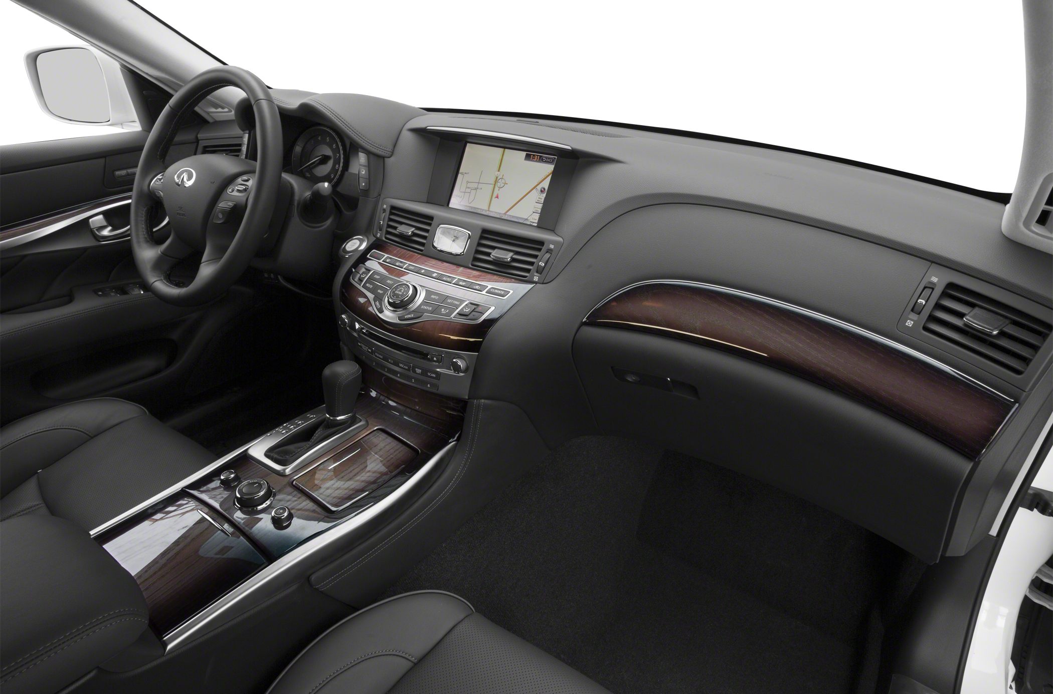 Interior dashboard with navigation display and wood trim