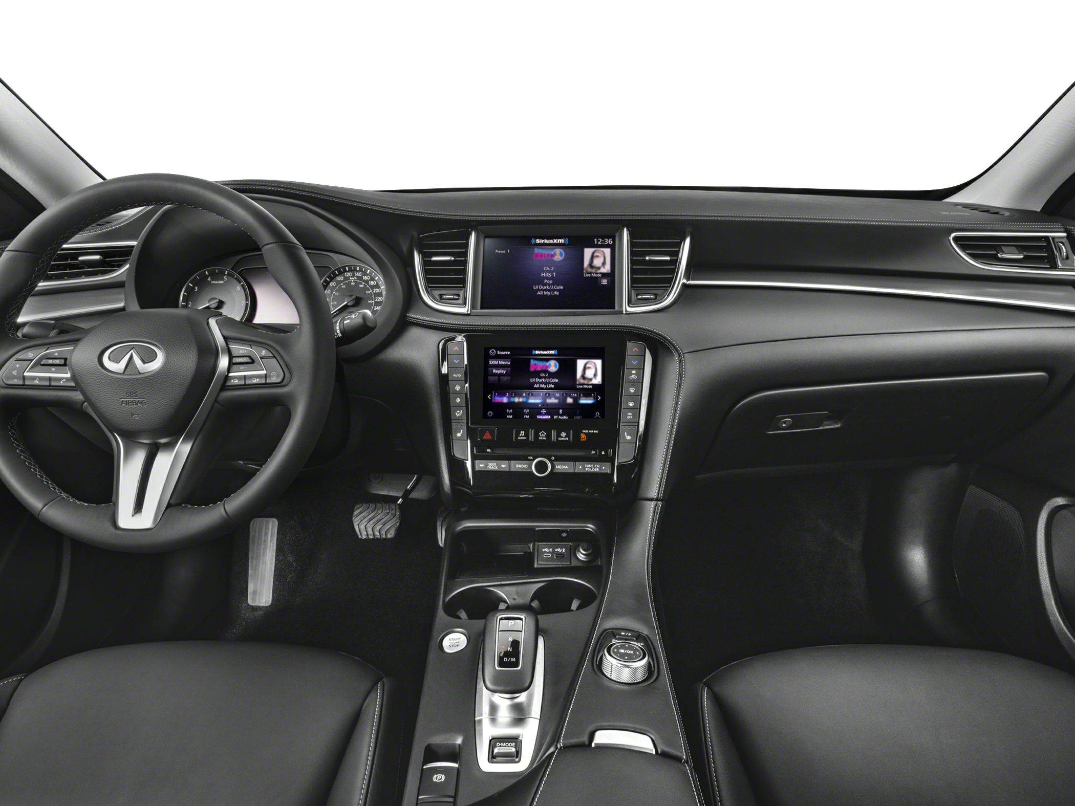 Dual touchscreen infotainment and sleek dashboard design with center console controls