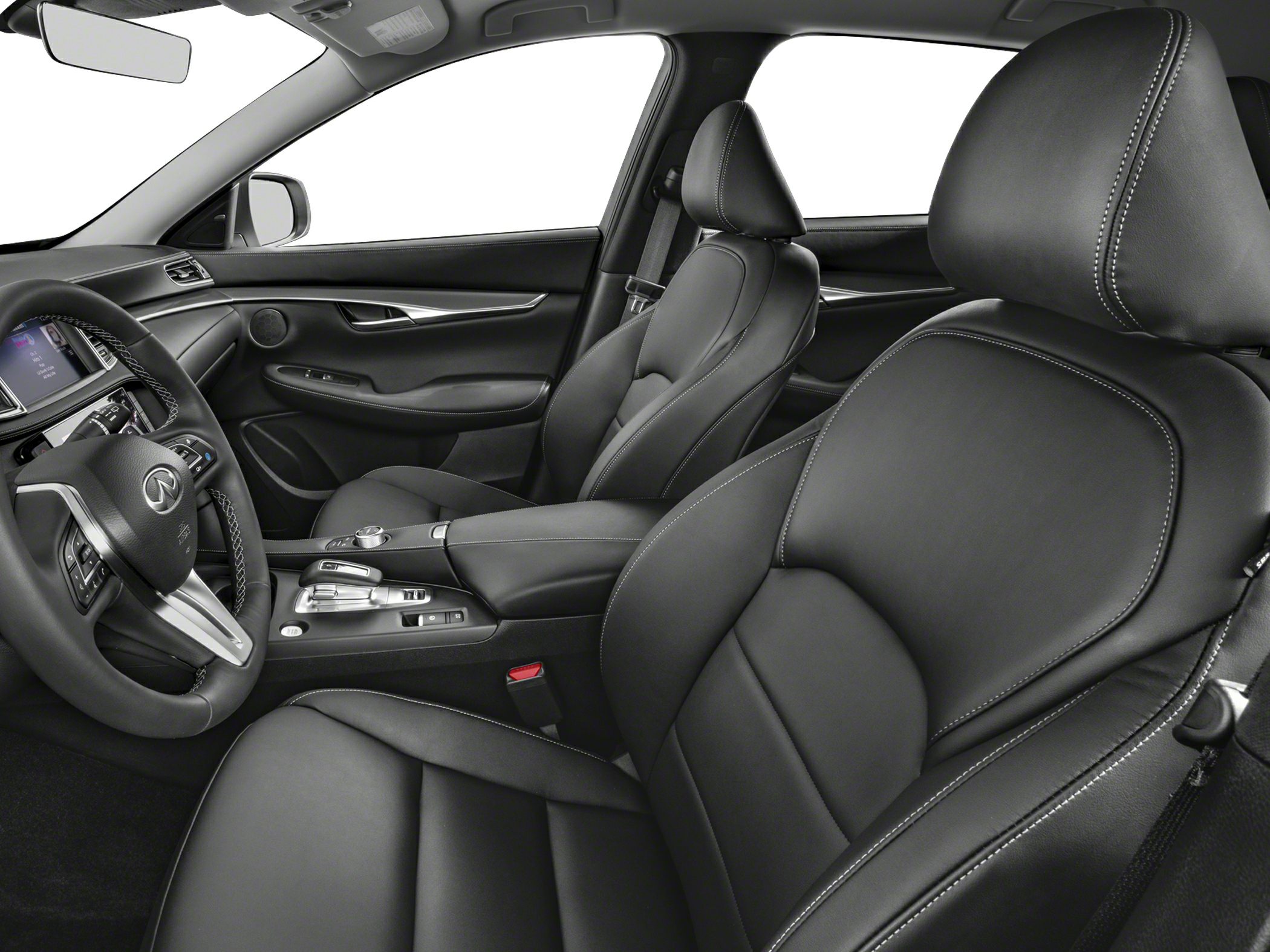 Leather front seats and modern center console with steering wheel and controls.