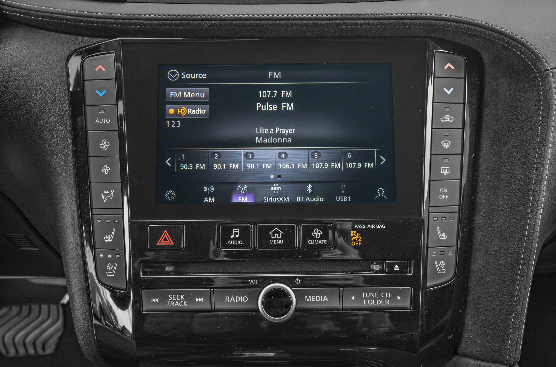 Touchscreen climate control and radio interface with buttons and digital display