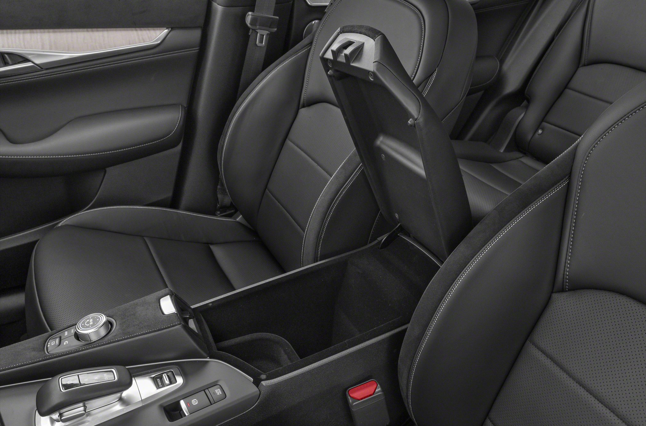 Leather seats and open center console storage in car interior