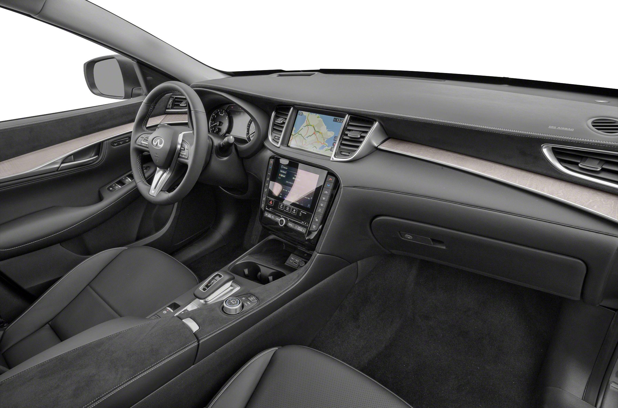 Dual touchscreen infotainment, black leather seats, modern dashboard layout