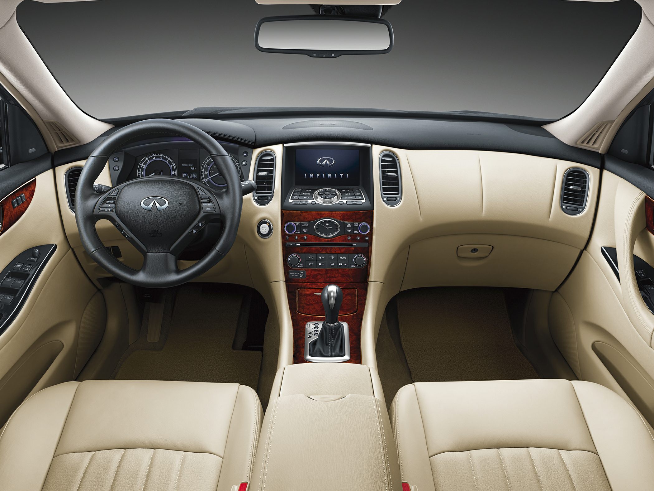 Modern dashboard and multifunction steering wheel with wood trim