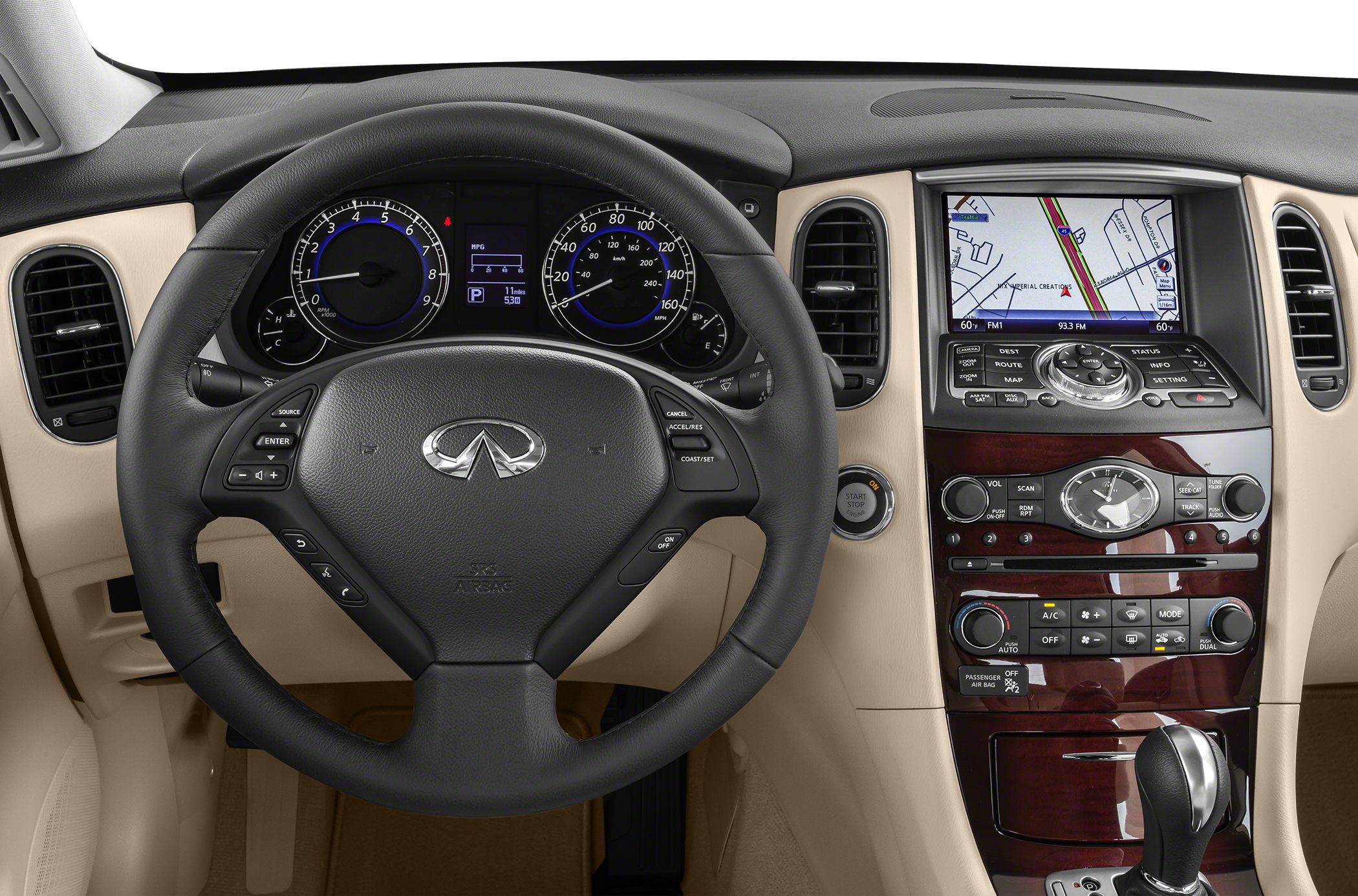 Dashboard with steering wheel, instrument cluster, and center console with navigation