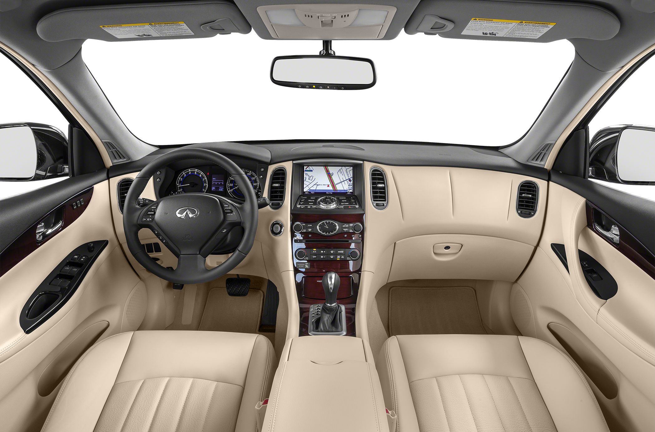 Leather-trimmed dashboard with navigation screen and steering controls