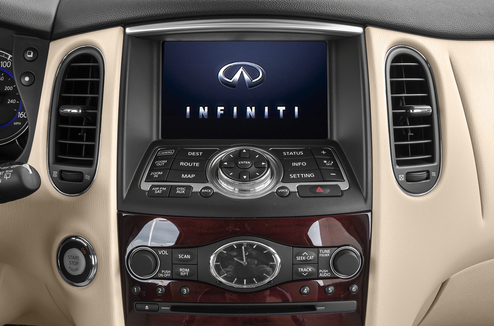 Vehicle center console with navigation display and analog clock
