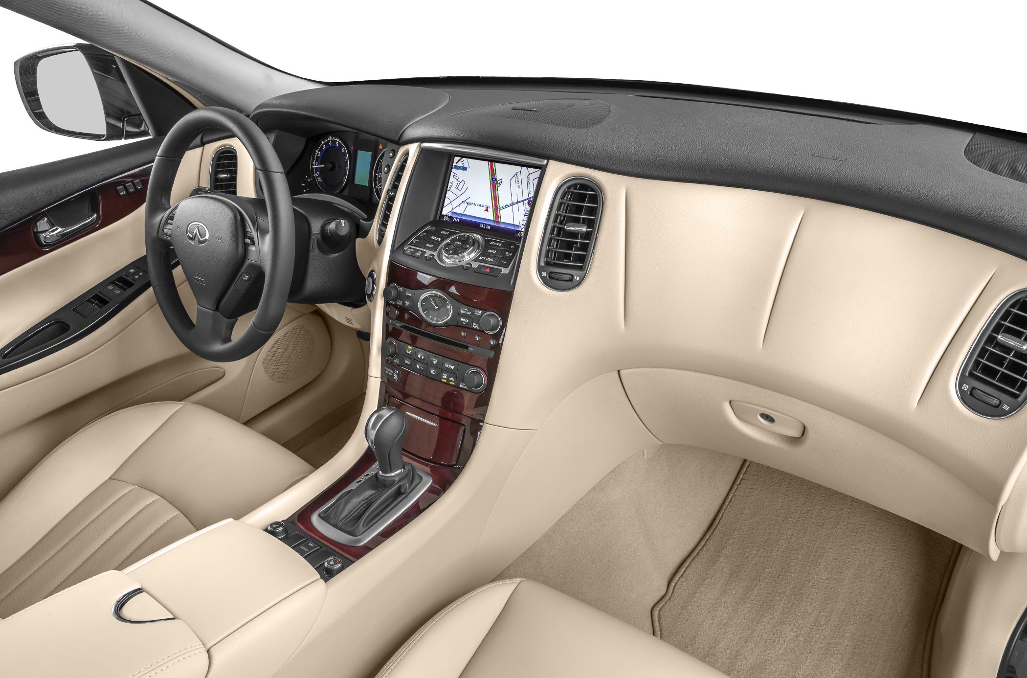 Luxury beige leather interior with wood trim and central navigation screen