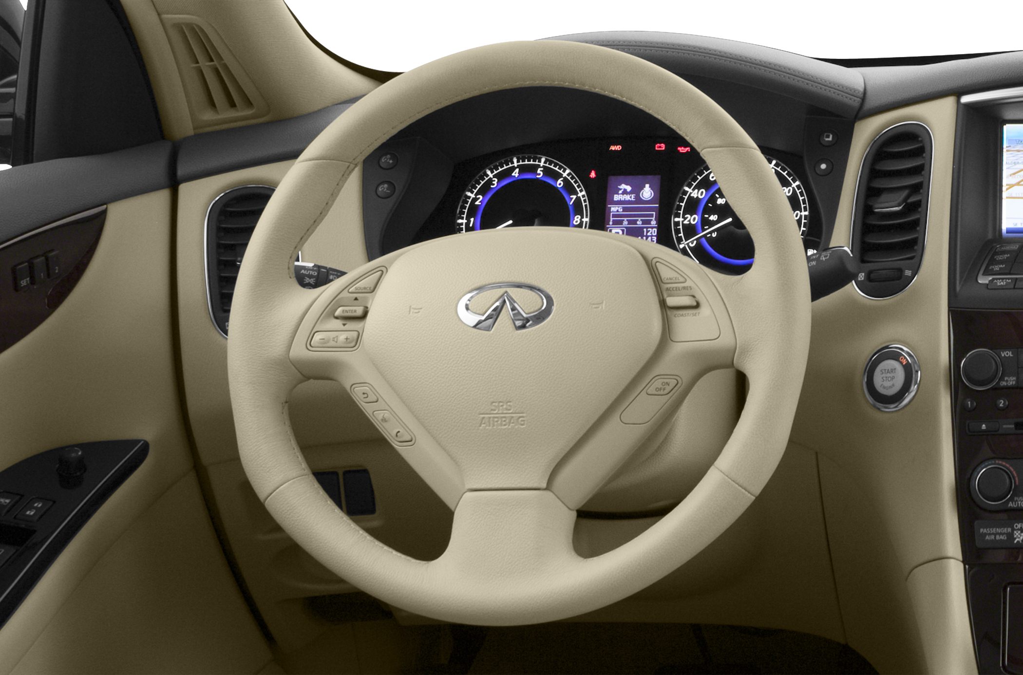 Beige leather steering wheel with control buttons and illuminated instrument cluster