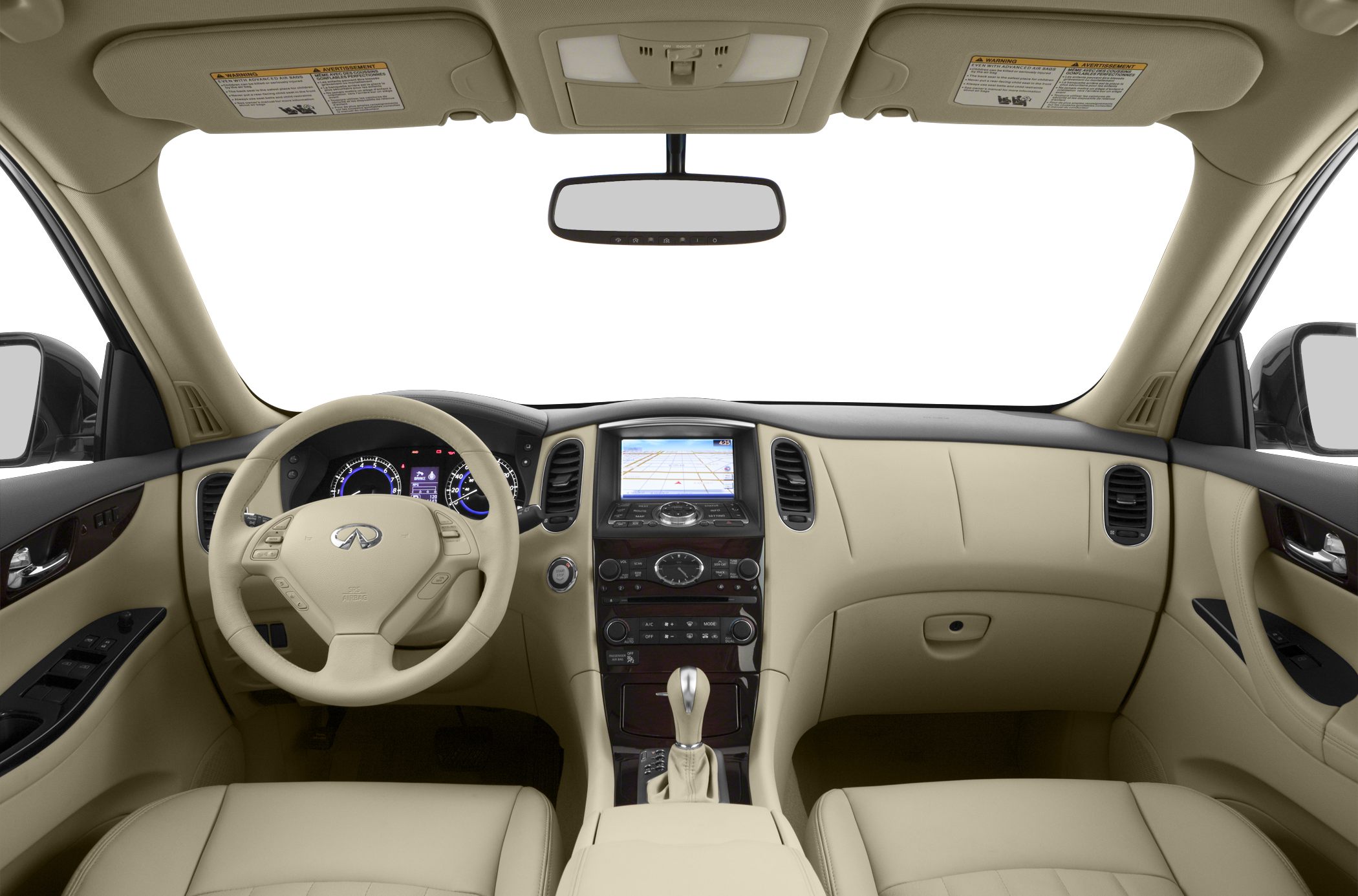 Car interior with beige leather seats, dashboard, steering wheel, and infotainment system.