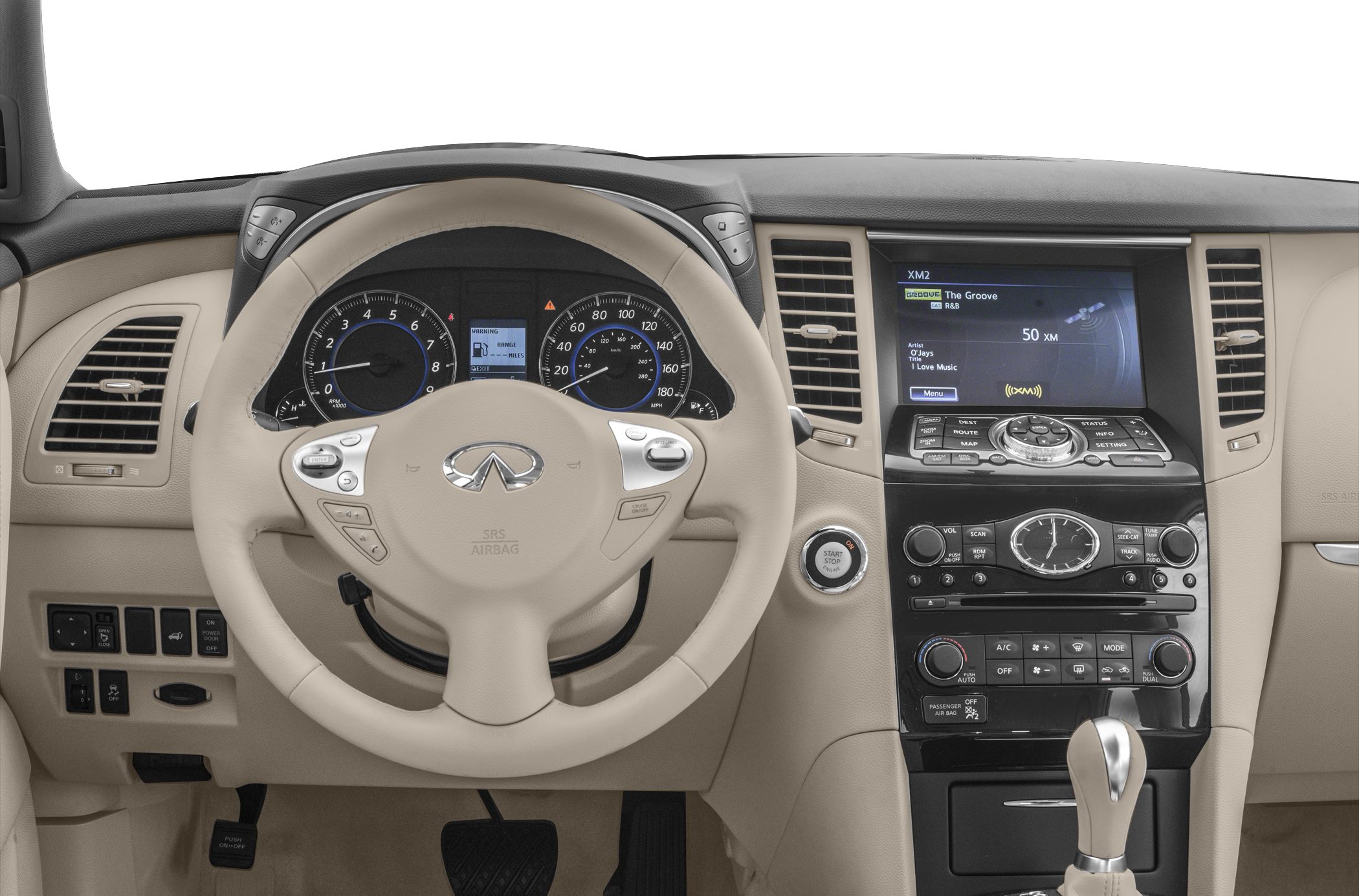 Luxurious beige interior with steering wheel, dashboard, and infotainment screen