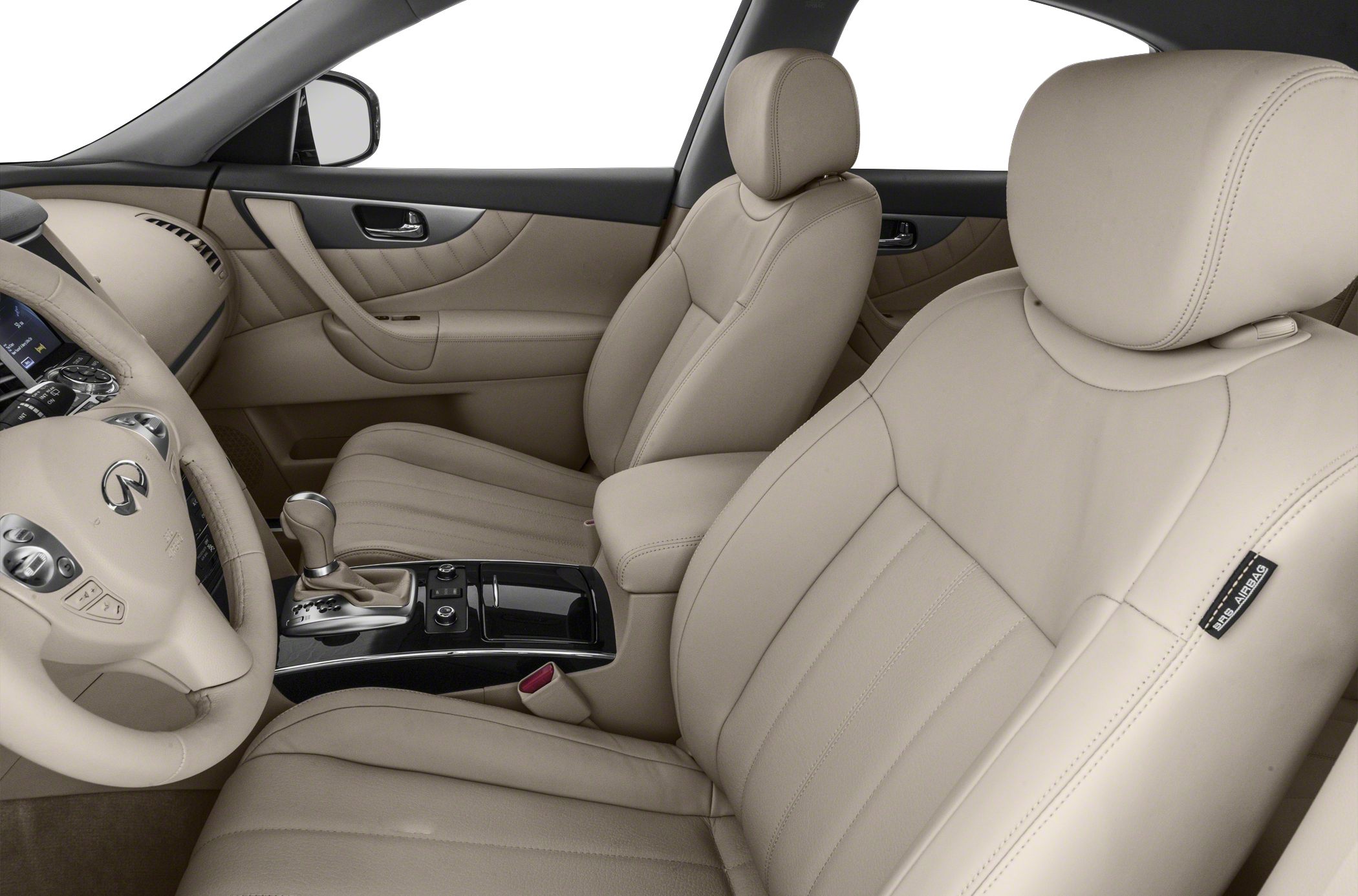 Beige leather seats and detailed center console inside a luxury vehicle